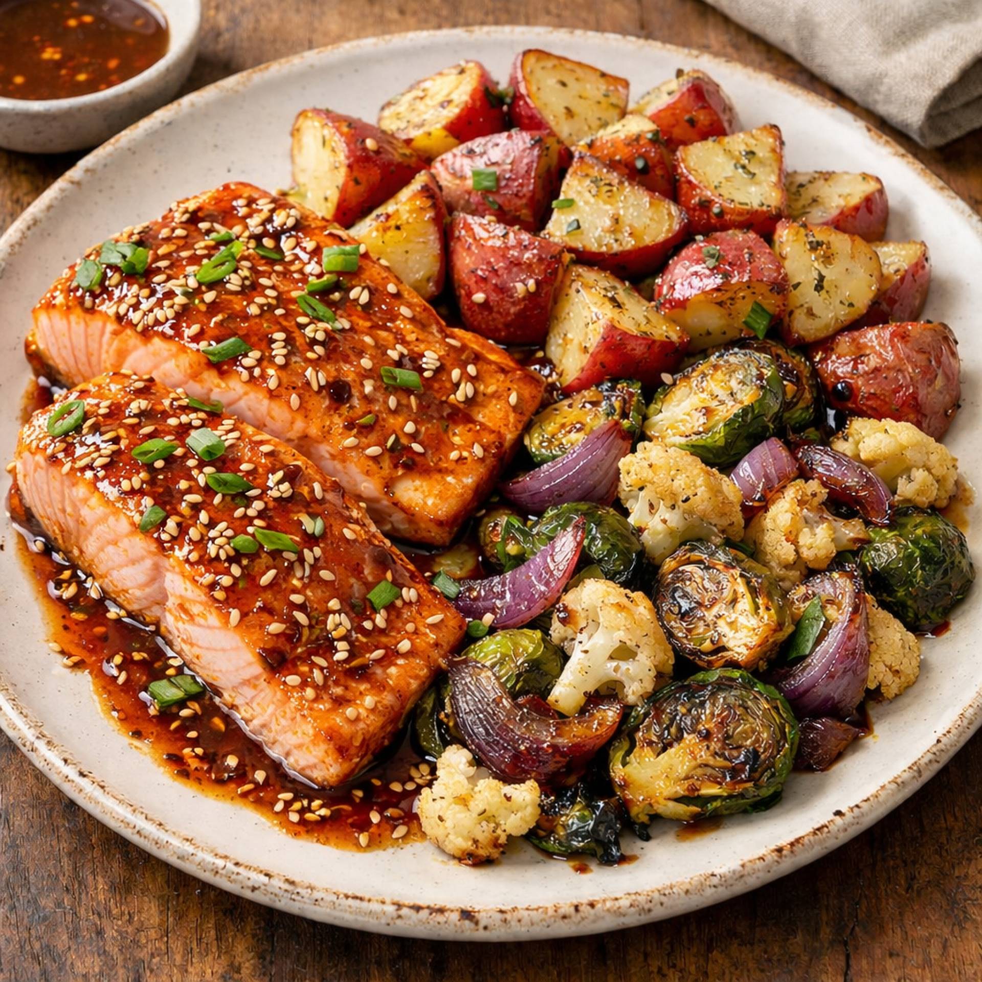 Hot Honey Salmon with Roasted Red Potato and Balsamic Brussels