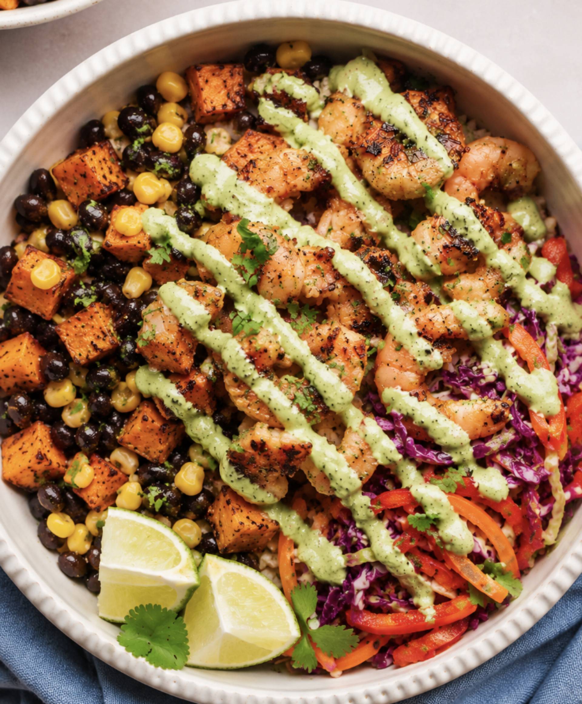 Blackened Shrimp Taco Bowl with Creamy Cilantro Lime Drizzle