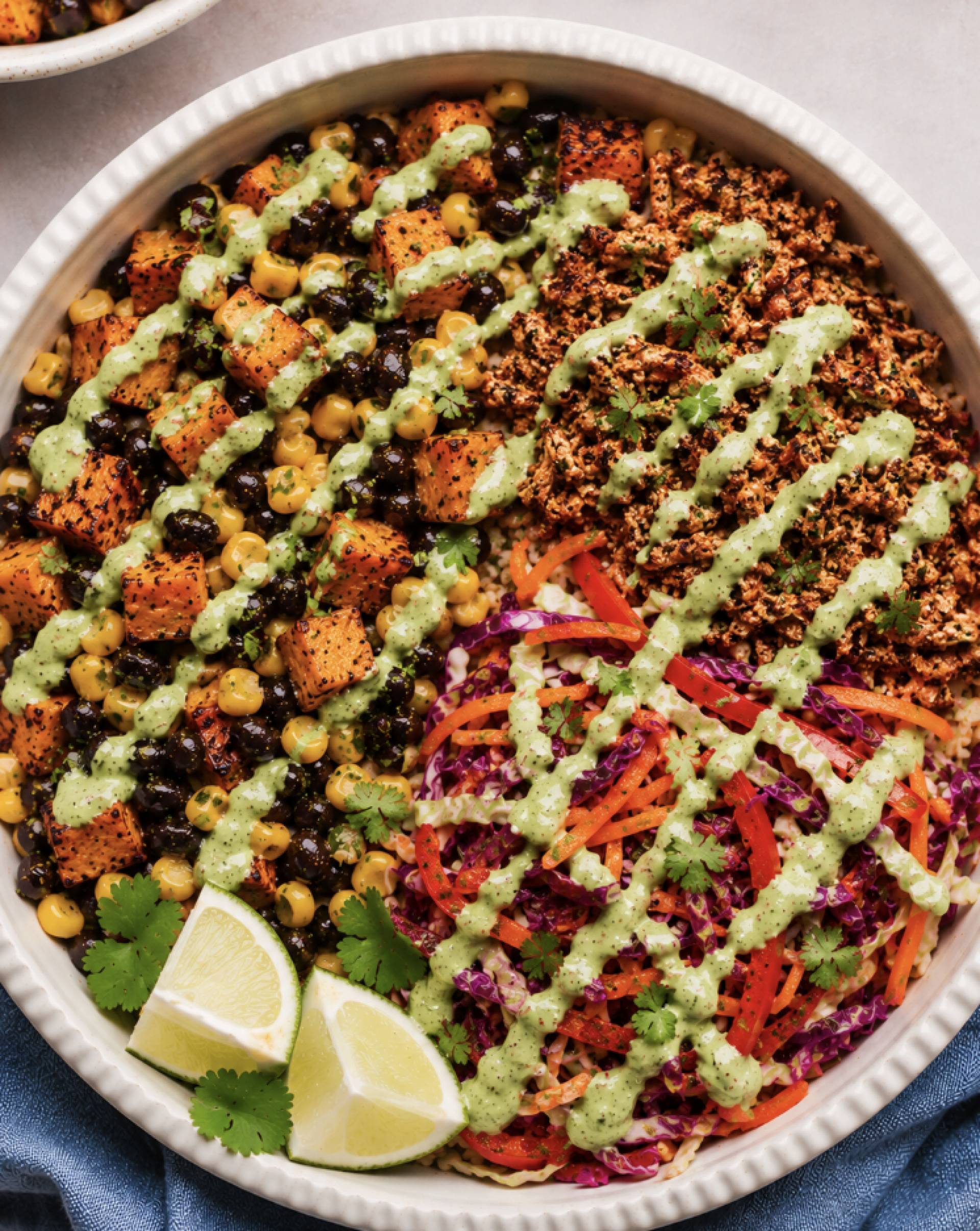 Blackened Tofu Taco Bowl with Creamy Cilantro Lime Drizzle