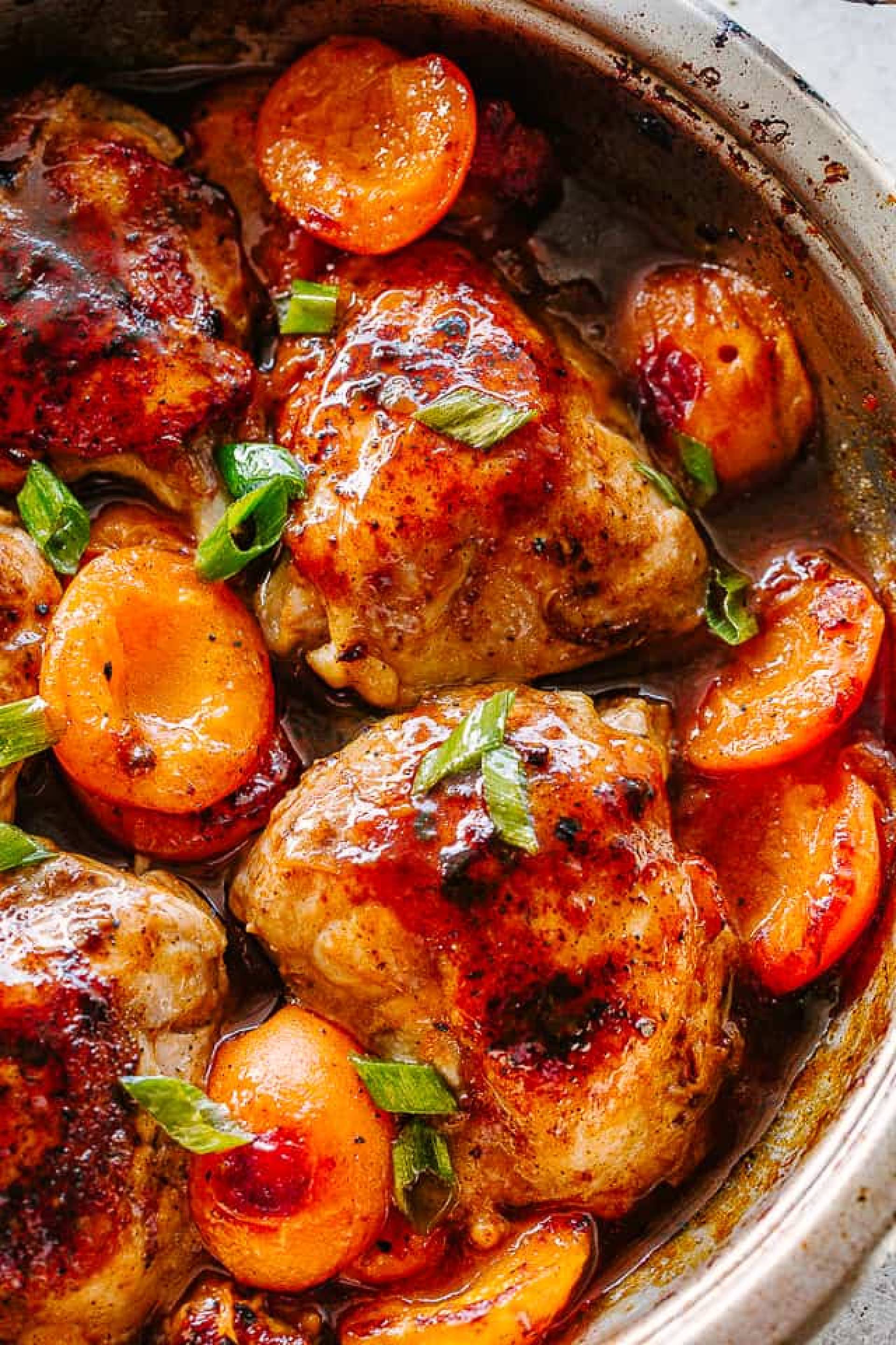 BBQ Apricot Chicken Thighs with Paprika Roasted Potatoes and Veggie Medley