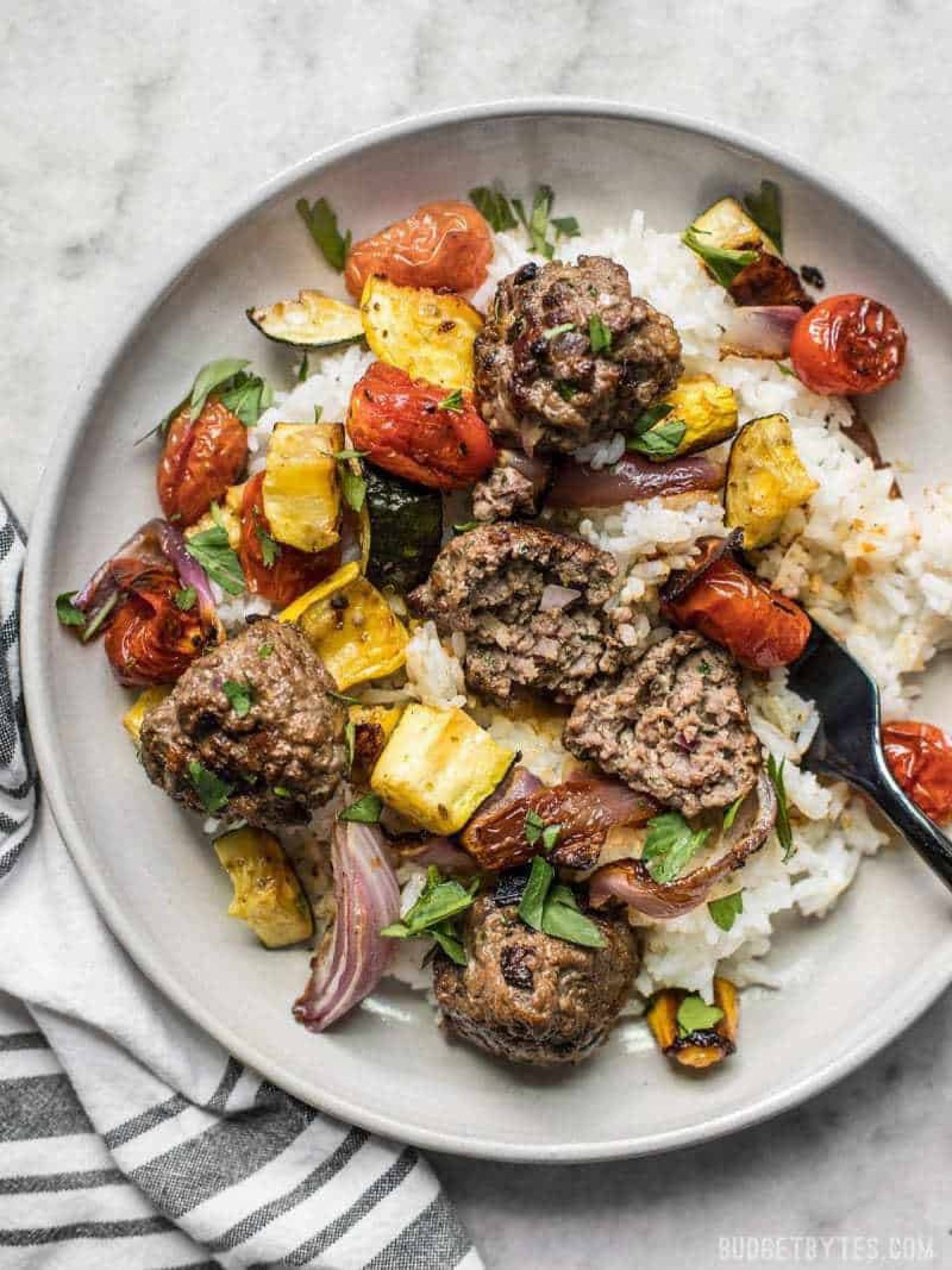 Kofta Spiced Beef Meatballs with Veggies and Dill Sauce