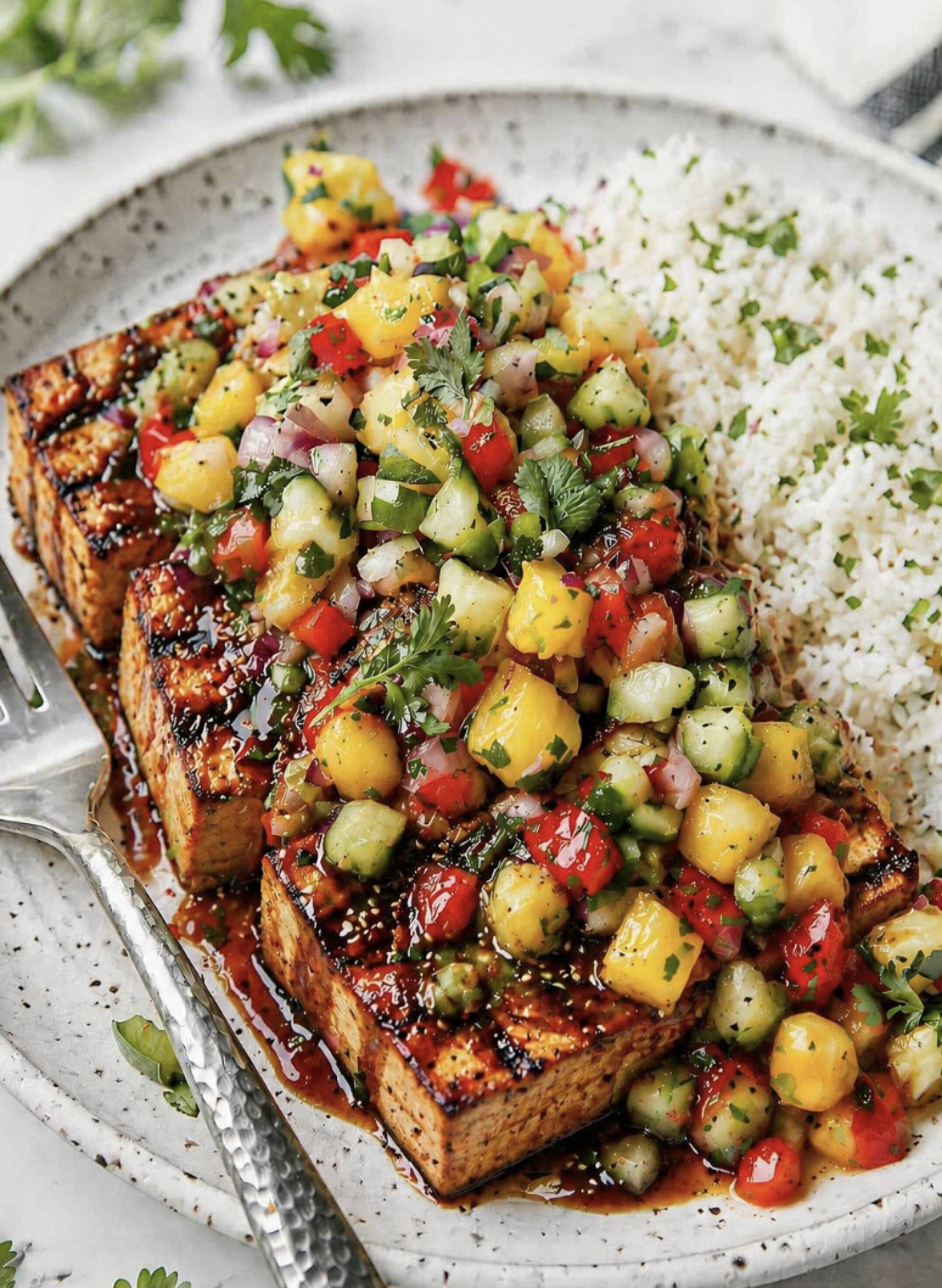 Aloha Teriyaki Tofu with Pineapple Salsa and Gingery Broccoli