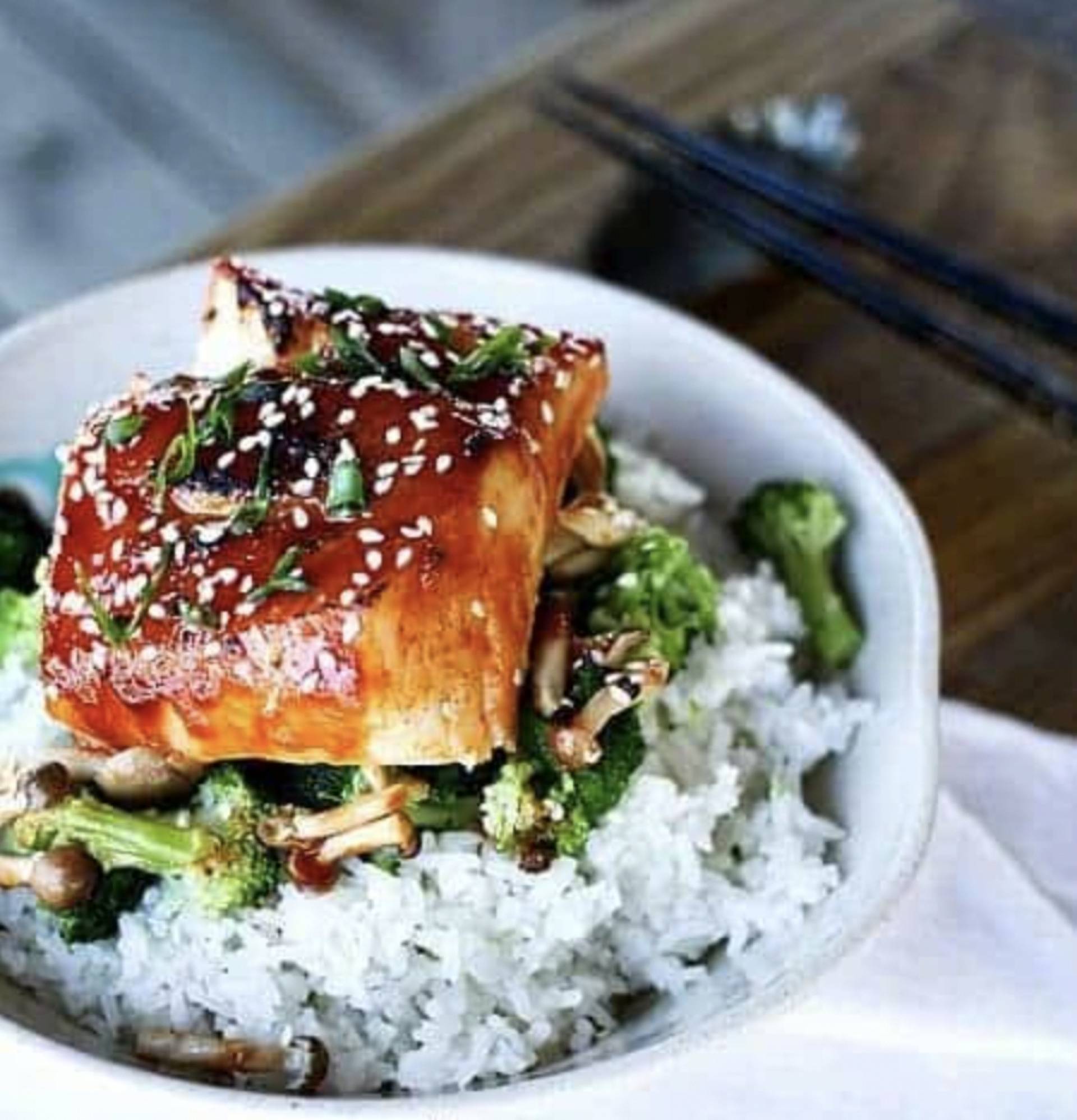 Miso Glazed Tofu with Stir Fry Veggies and Wasabi Sauce