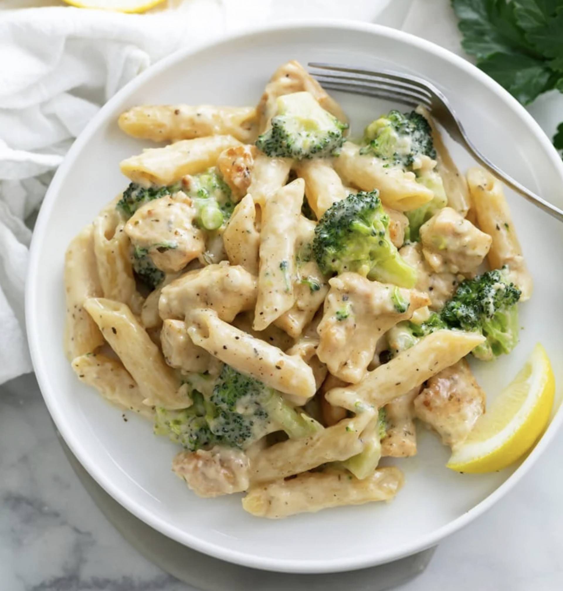 Healthified Chicken Alfredo with Chicken Breast Bites and Broccoli