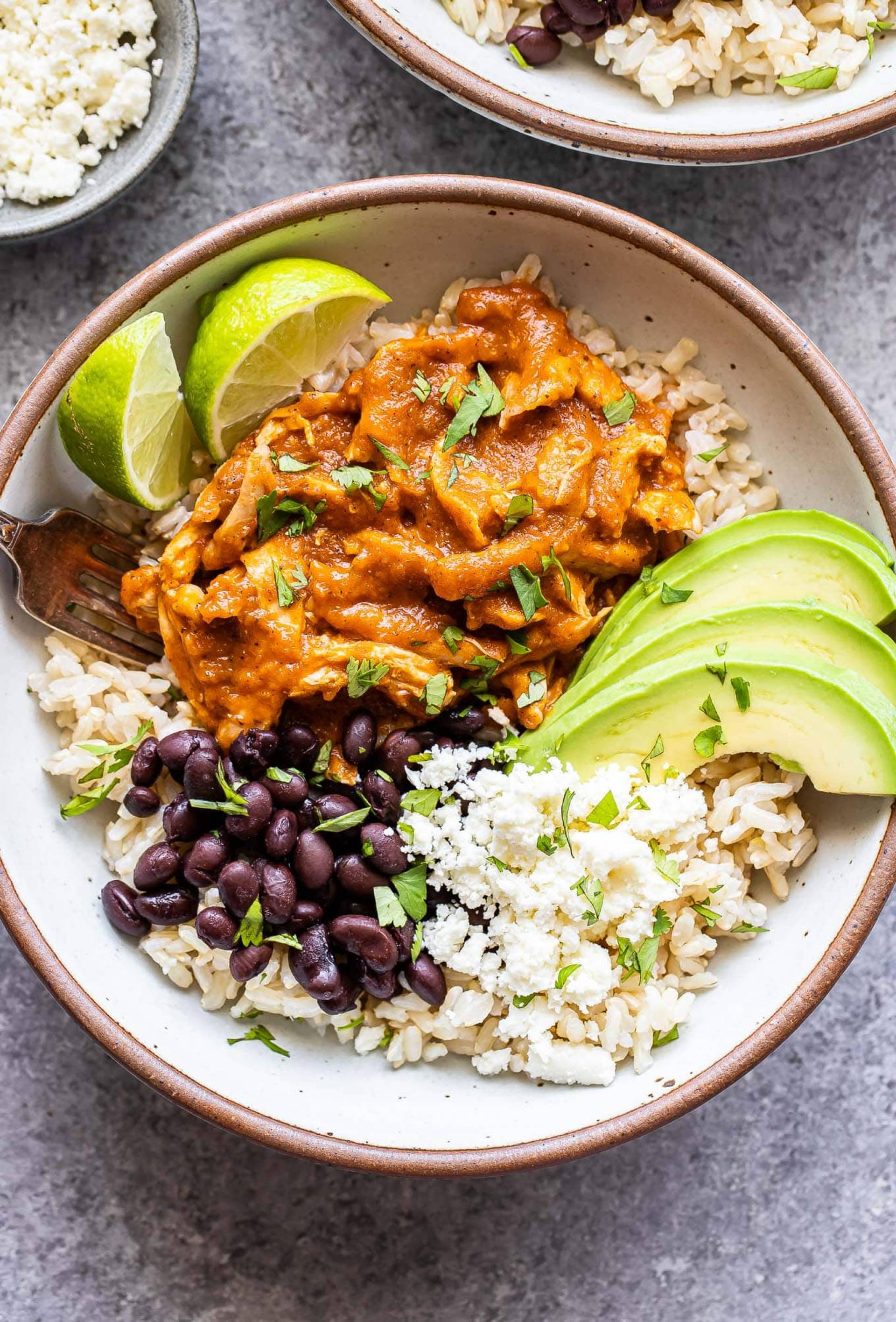 Braised Chicken Tinga Burrito Bowl with Avocado Drizzle