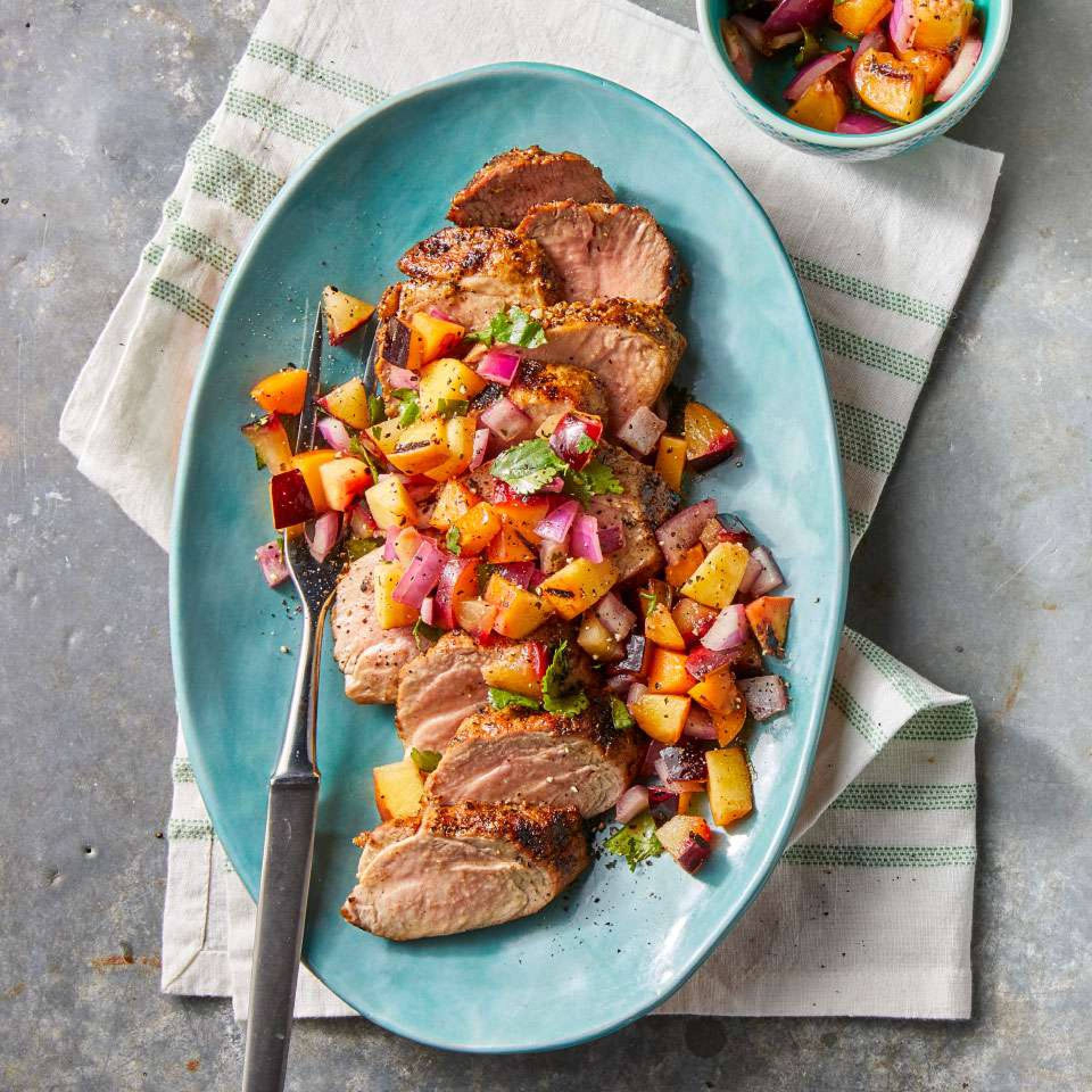 Grilled Pork Tenderloin with Peaches and Spiced Yukons