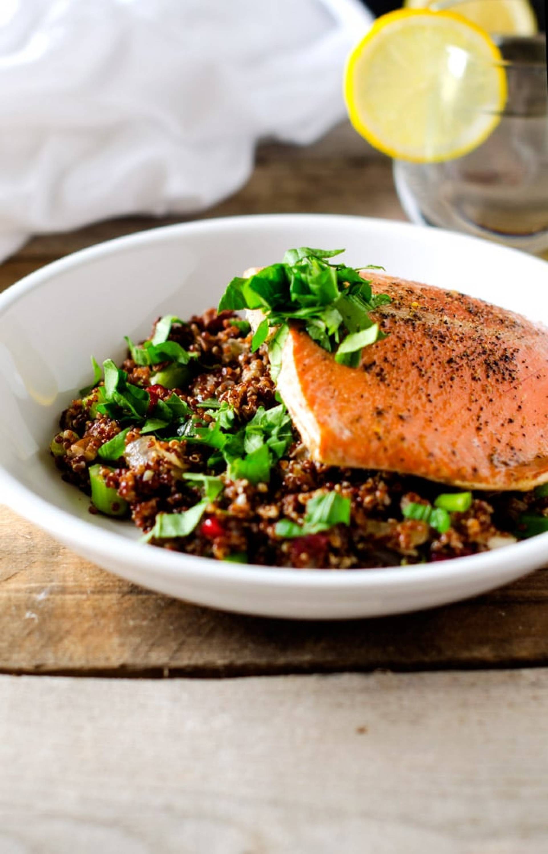 Maple Glazed Salmon with Cranberry Quinoa Salad and Roasted Summer Squash