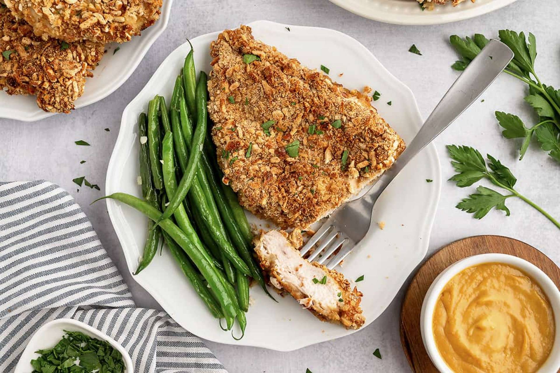 Gluten Free Pretzel Crusted Chicken with Yukons and Garlic Green Beans