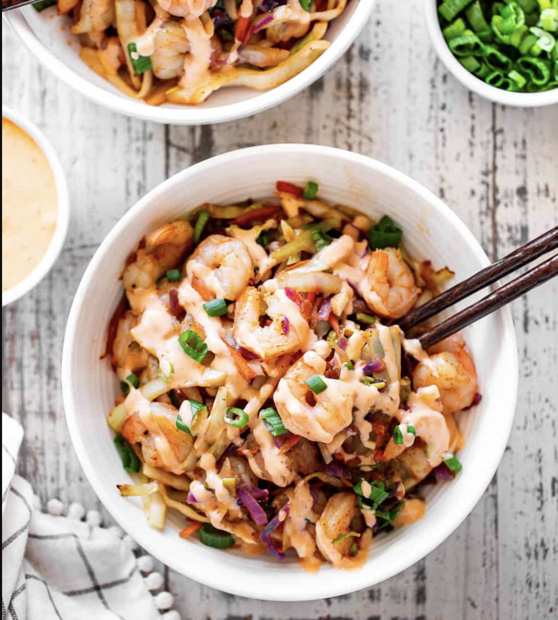 Bang Bang Shrimp with Stir Fried Vegetables and Rice Noodles