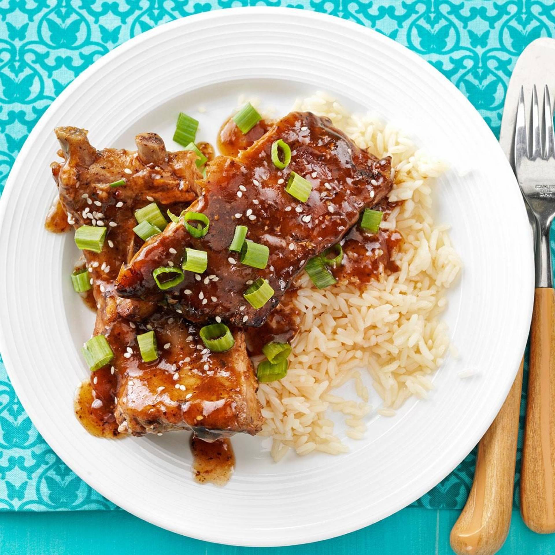 Korean Style Ribs with Gingery Broccoli and Jasmine Rice