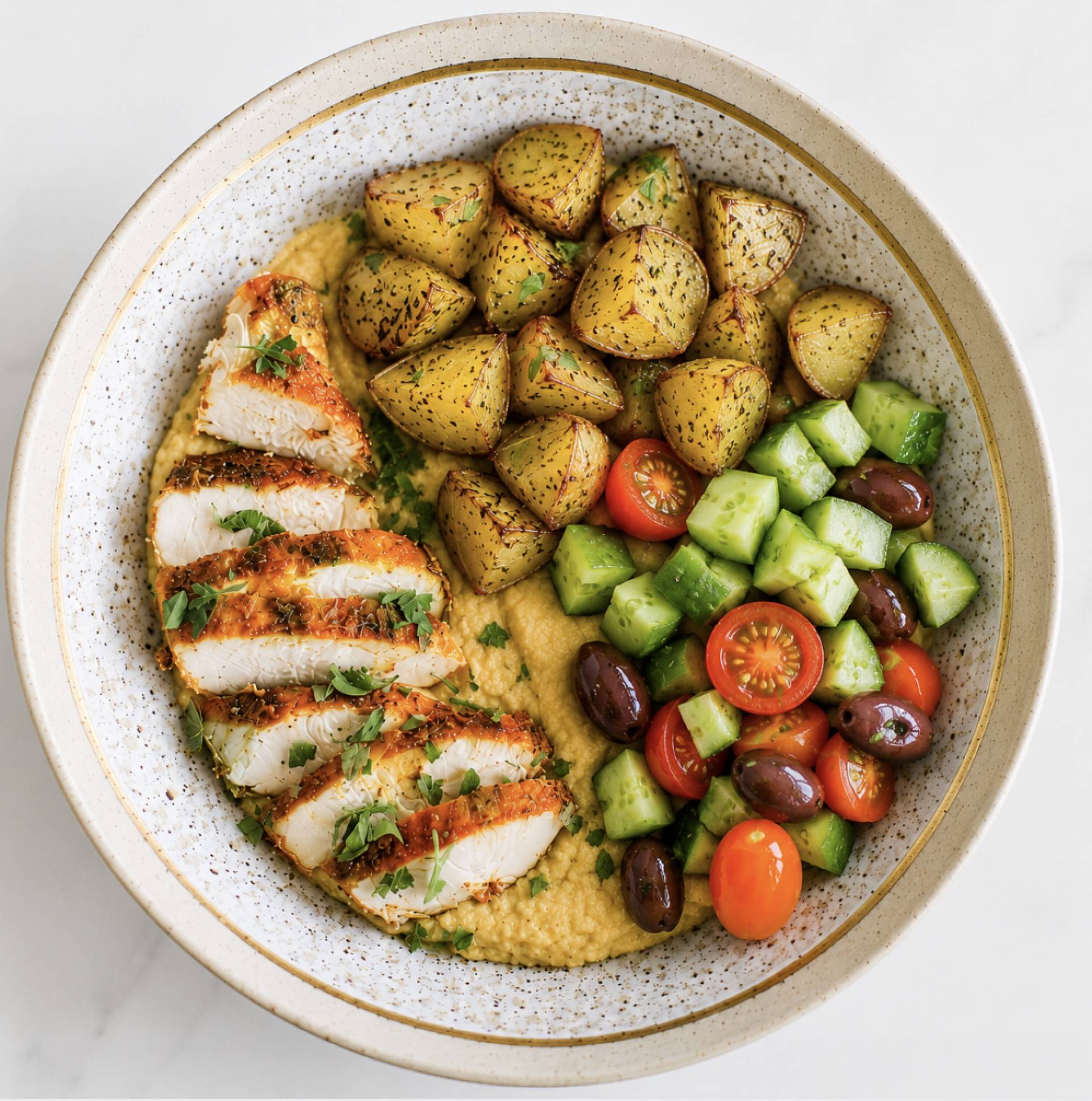 Dairy Free Greek Chicken Thighs with Lemon Oregano Potatoes and Cucumber Salad