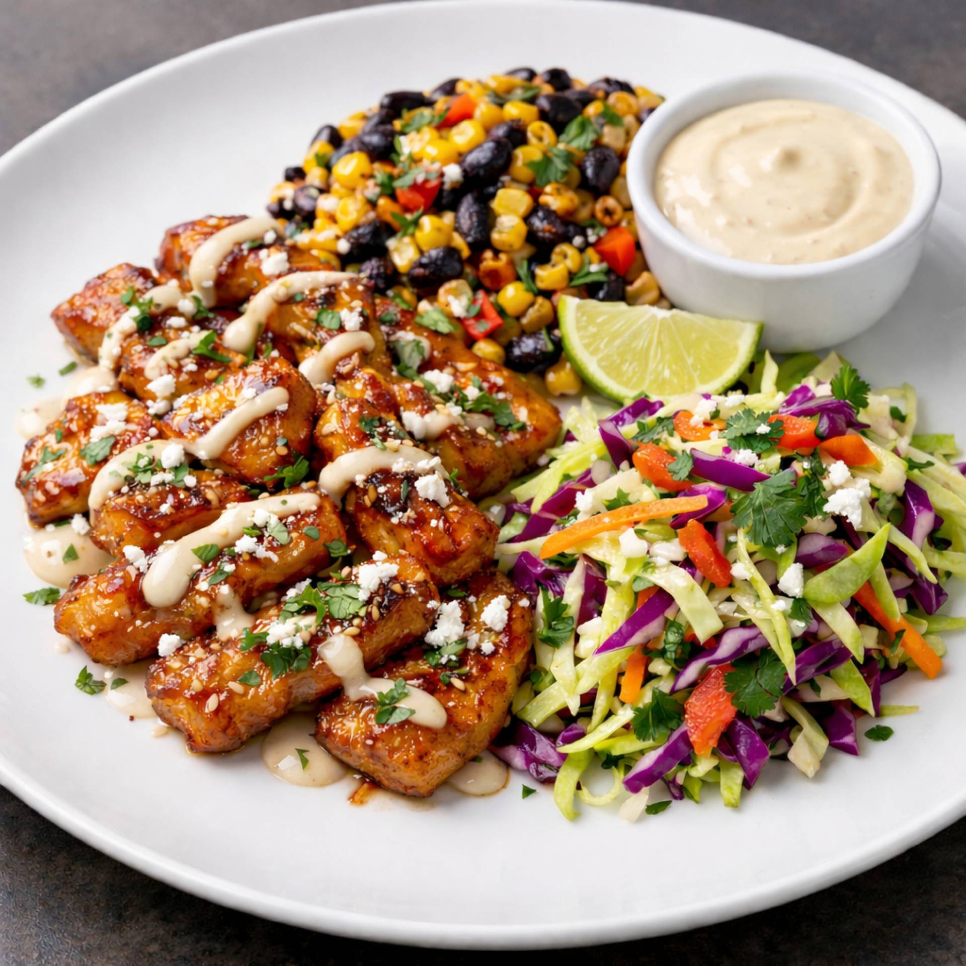 Plant Based Agave Lime Daring Chik'n with Queso Fresco Elote and Black Beans