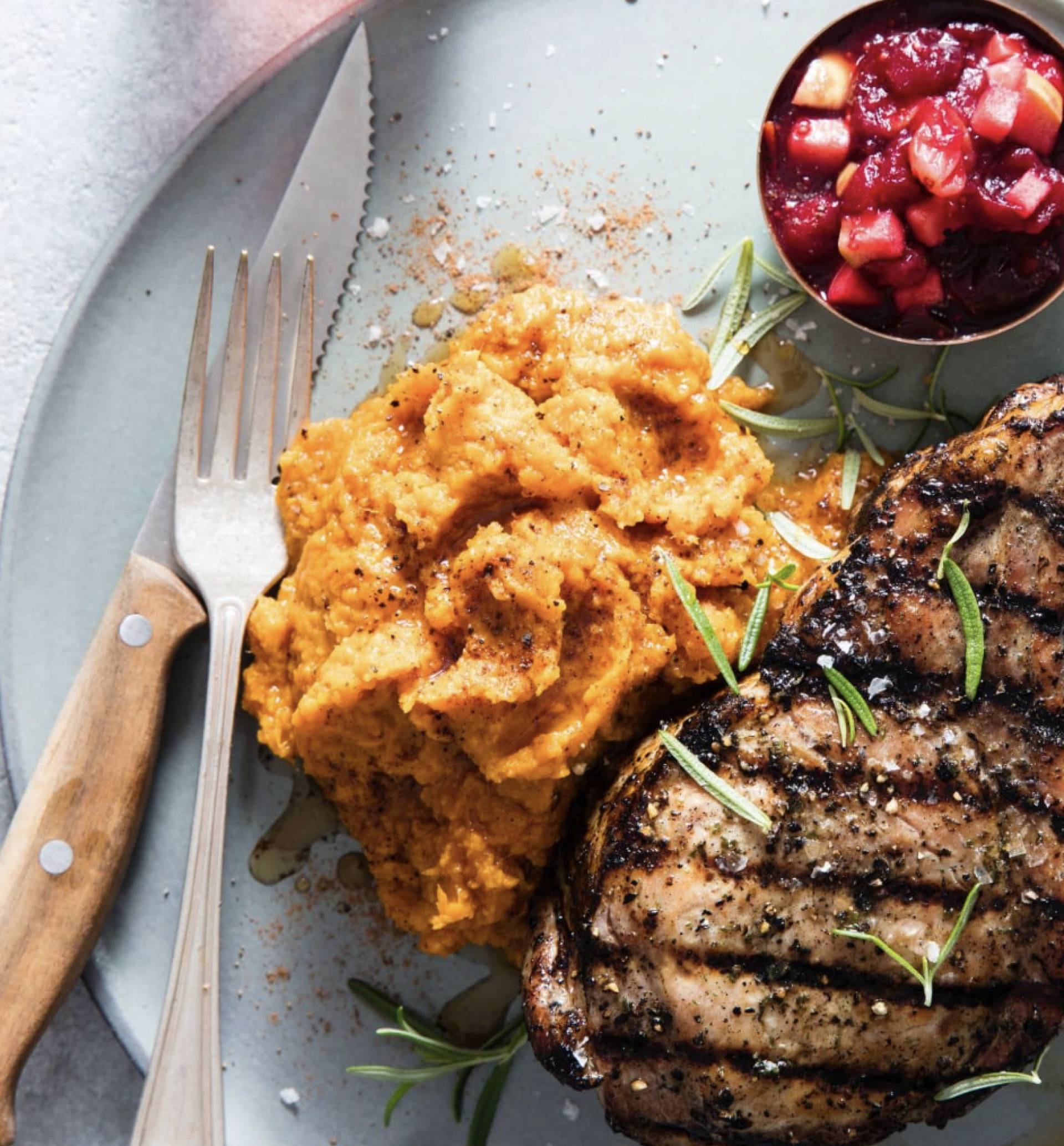 Grilled Chicken with Mashed Sweet Potato and Cranberries