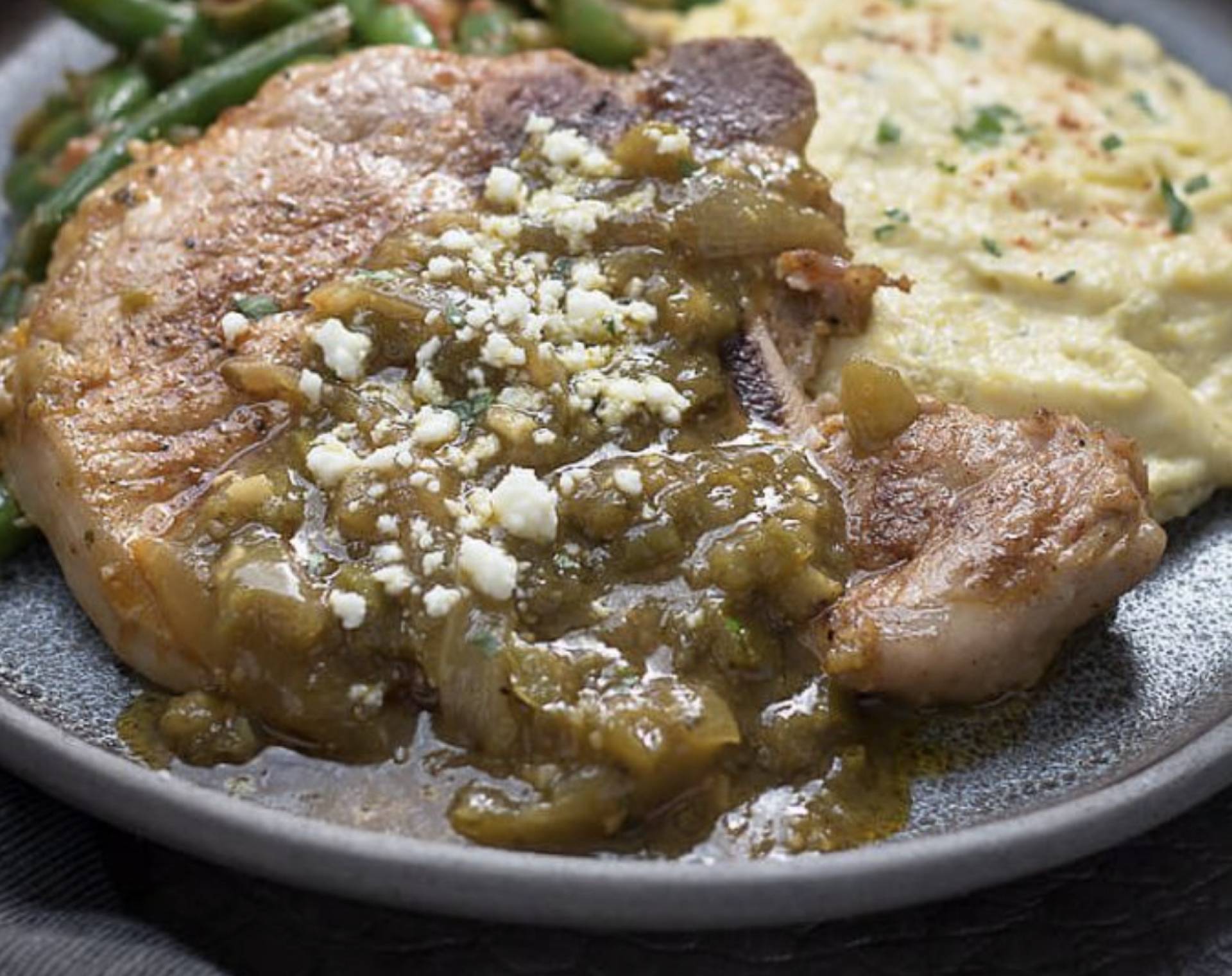 Chili Verde Smothered Pork Tenderloin with Smashed Beans