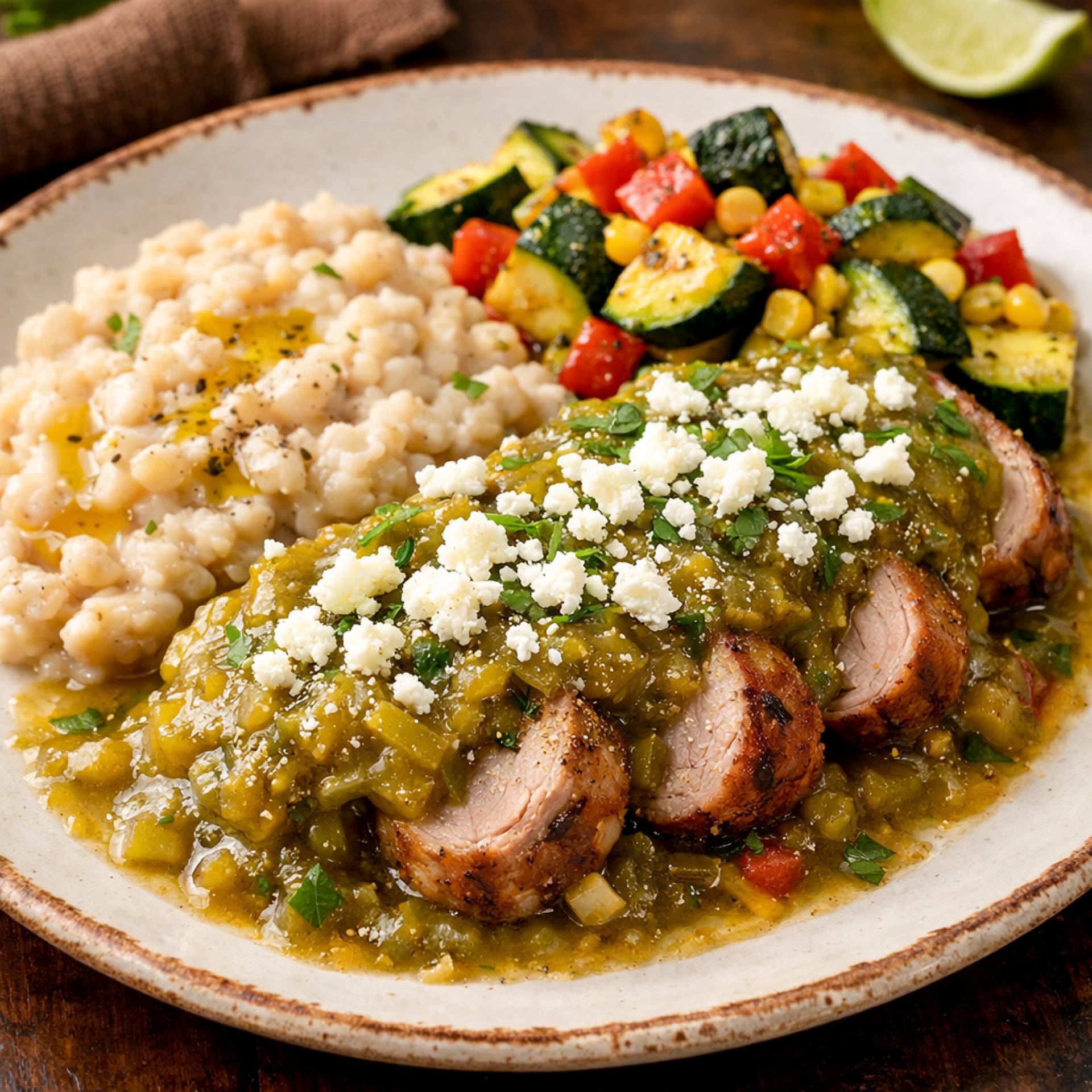 Chili Verde Smothered Pork Tenderloin with Smashed Beans