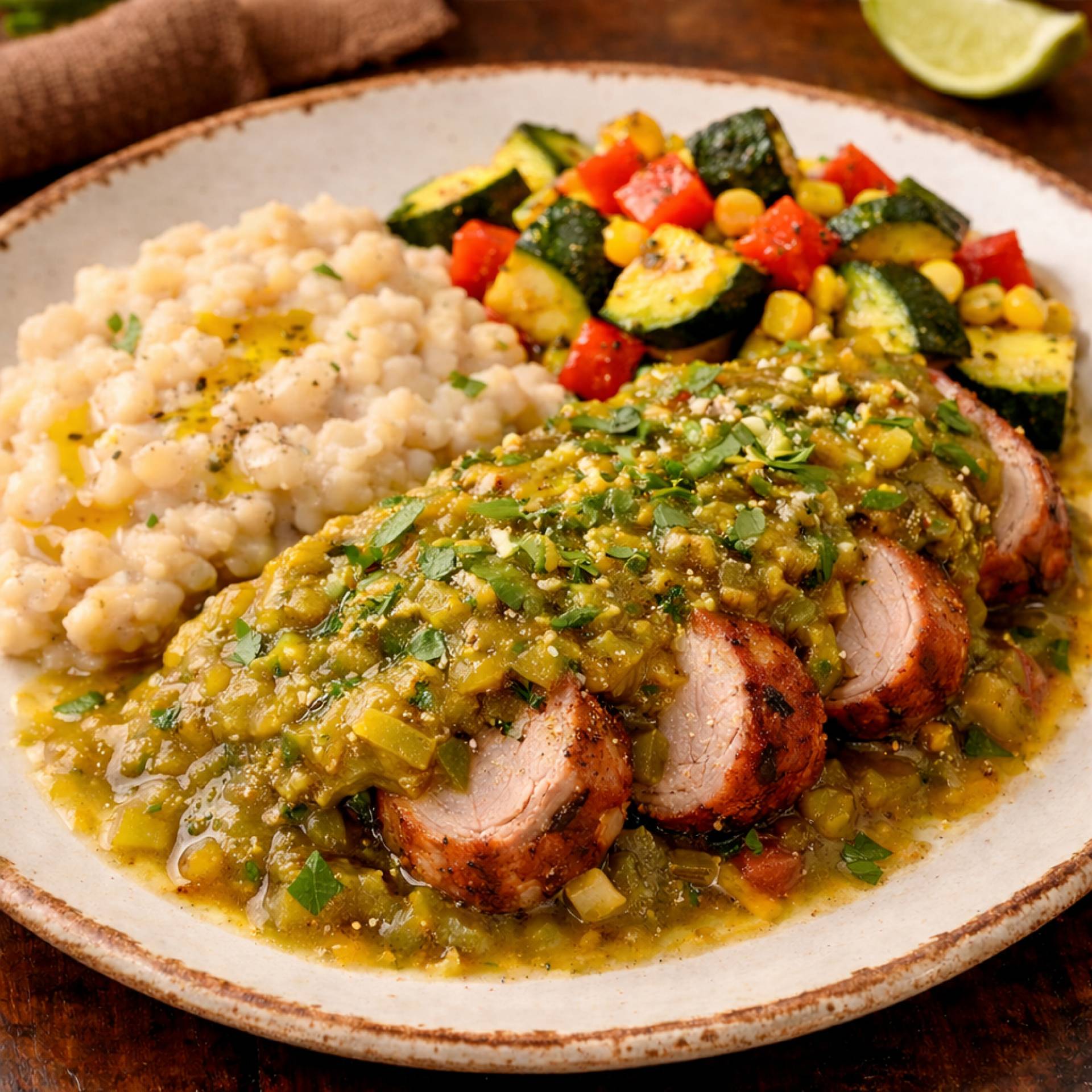 Dairy Free Chili Verde Smothered Pork Tenderloin with Smashed Beans