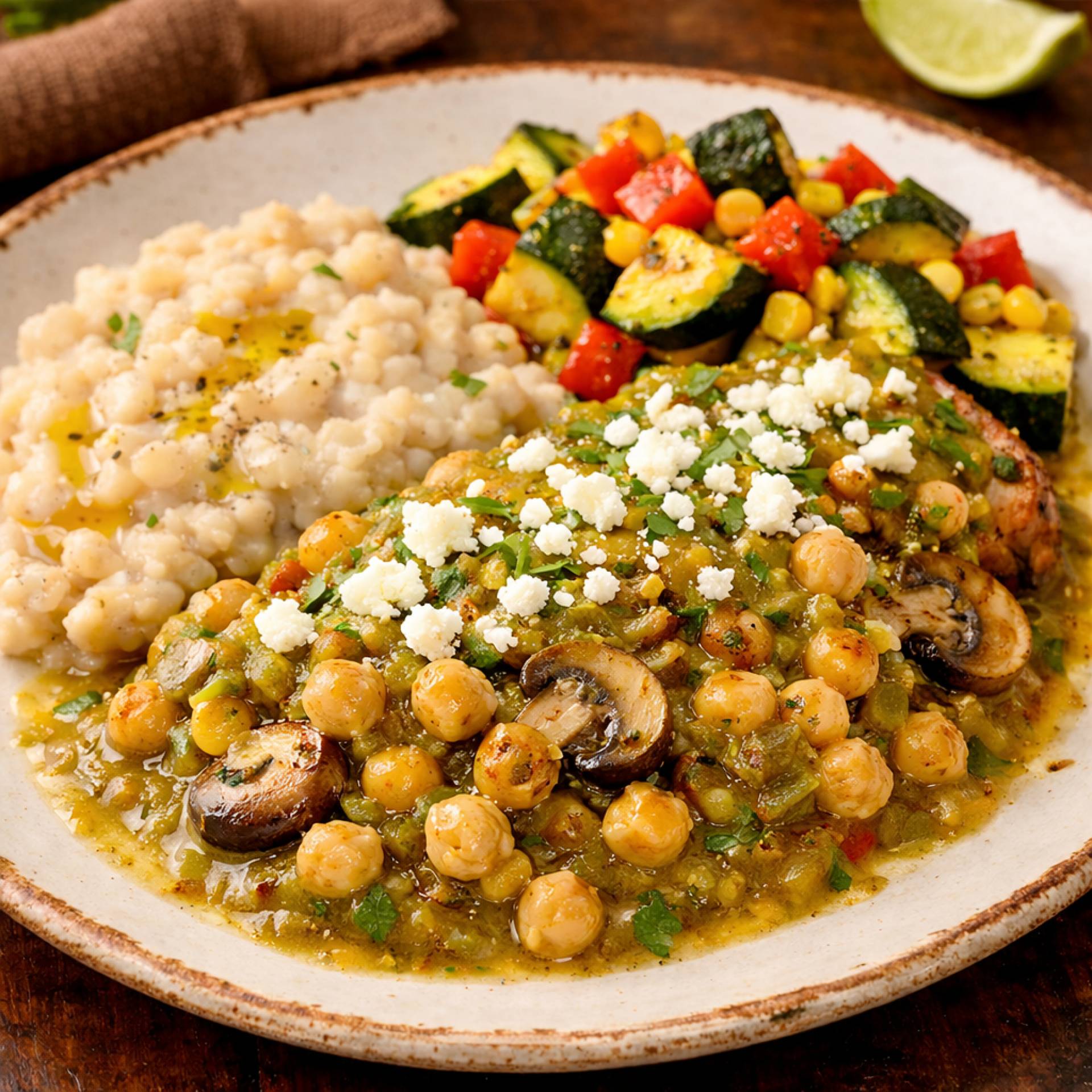 Chili Verde Smothered Chickpeas and Mushrooms with Smashed Beans