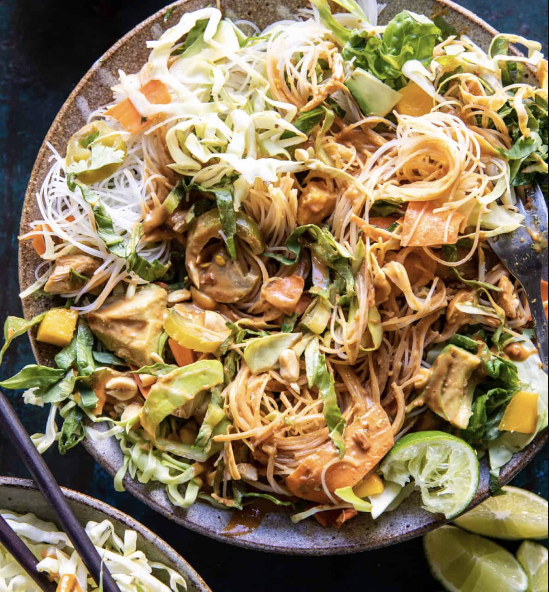 Sweet Chili Chicken Spring Roll Bowl with Mango Jalapeno Relish