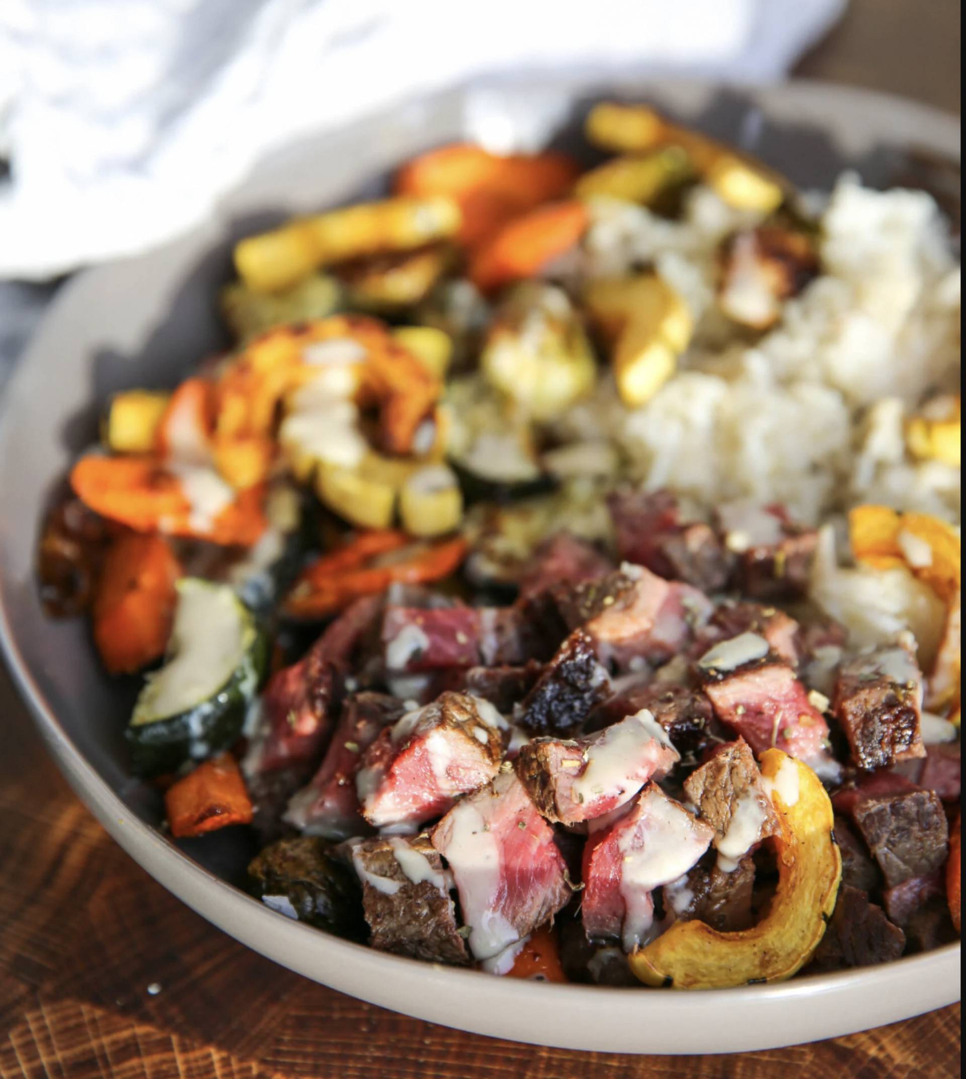 Fall Veggie Steak Bowls with Maple Drizzle