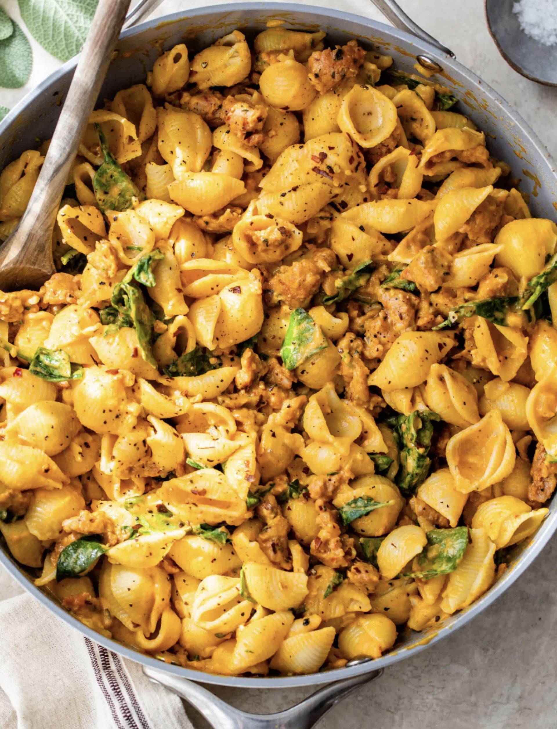 Vegetarian Creamy Pumpkin Pasta with Plant Based Sausage and Broccoli