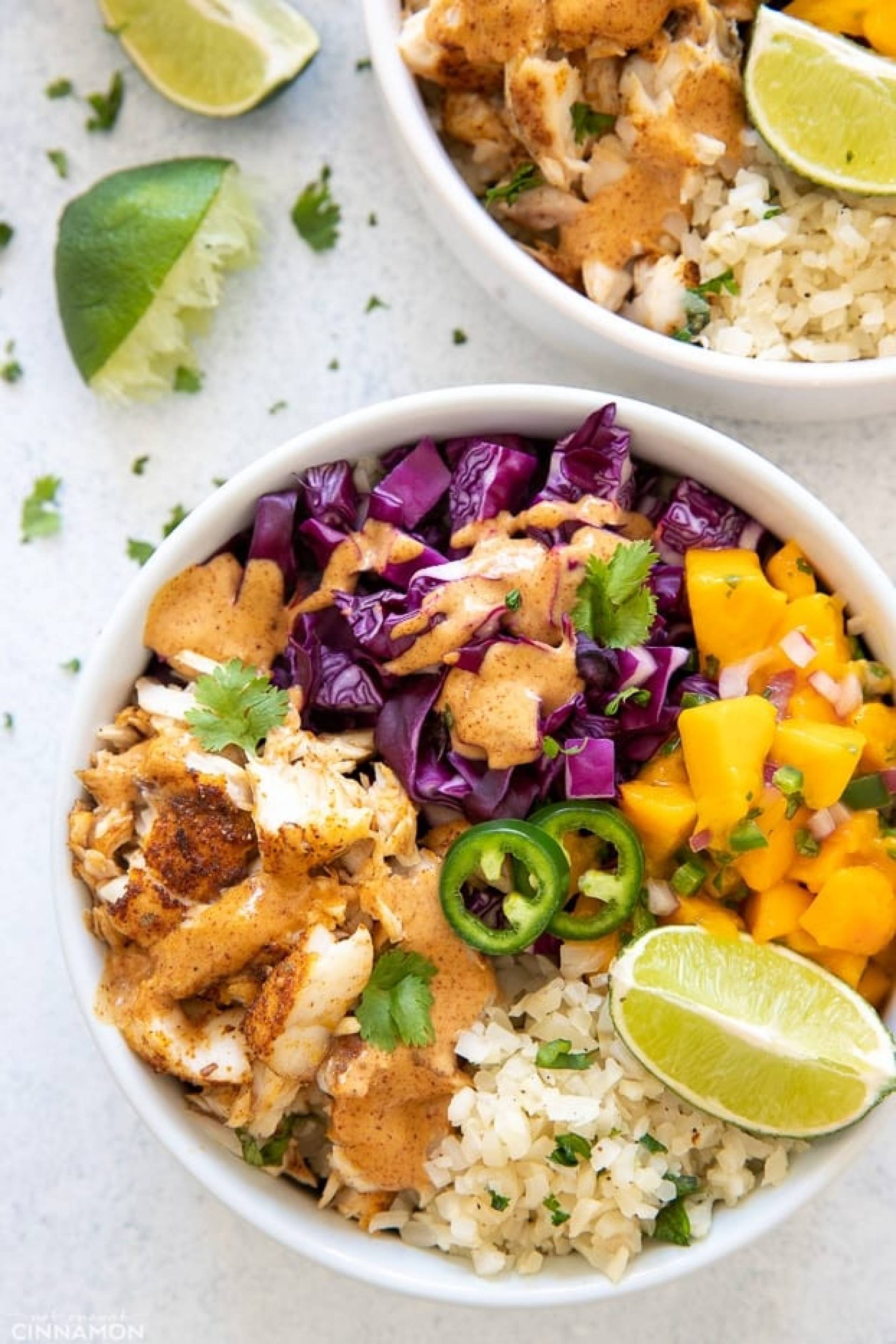 Low Carb Crusted Alaskan Sole Taco Bowl with Mango and Cilantro Slaw