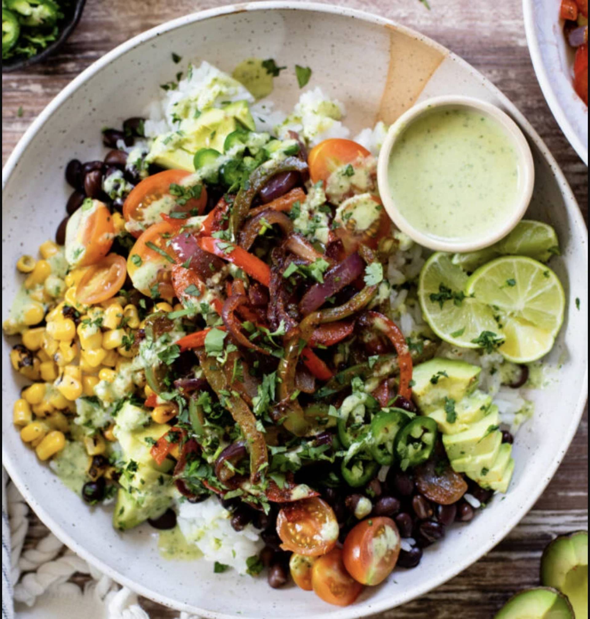 Vegan Mushroom Burrito Bowl with Roasted Cauliflower and Avocado Drizzle