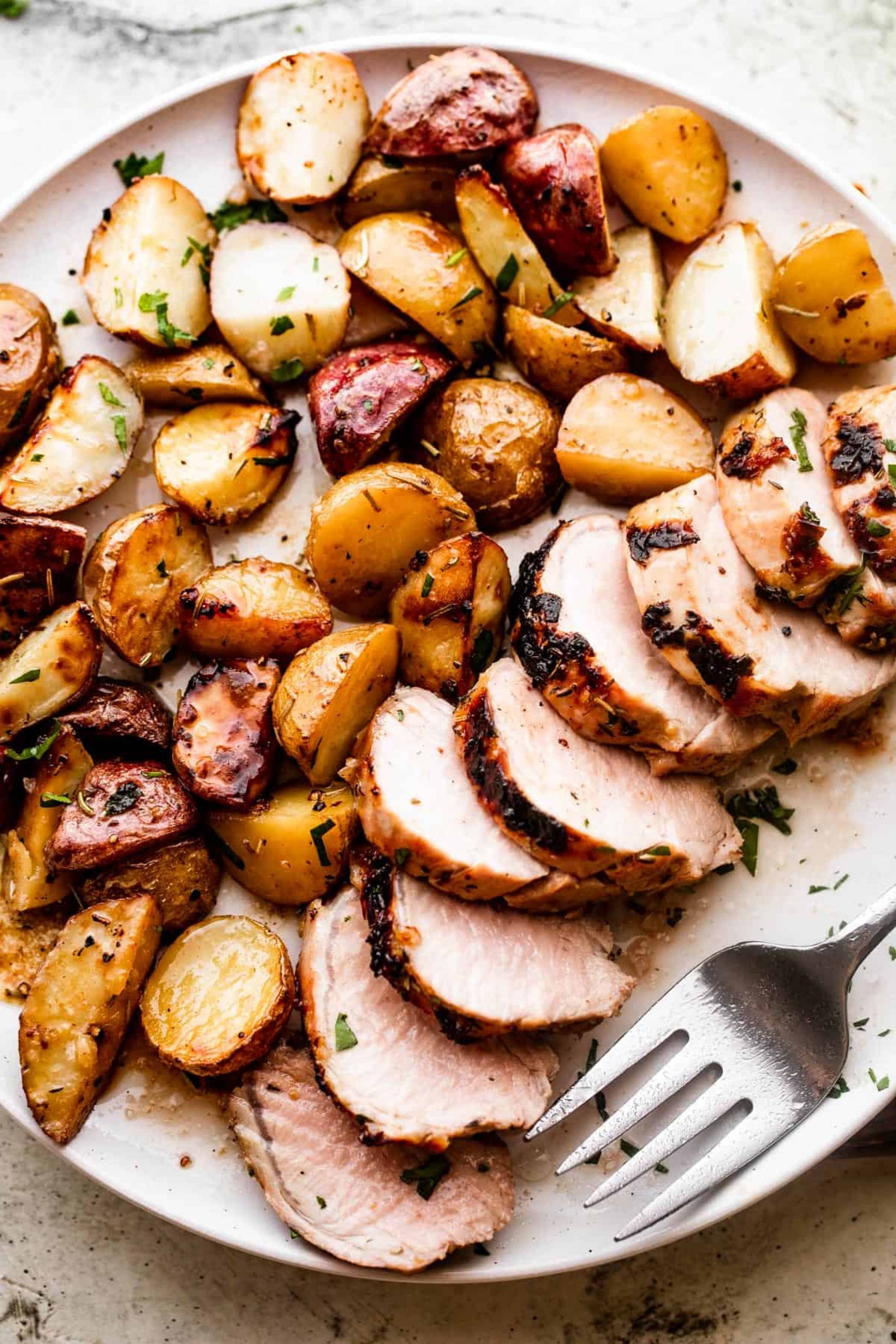 Low Carb Hickory Rubbed BBQ Pork Tenderloin with Rosemary Vegetables and Cauliflower Rice Pilaf