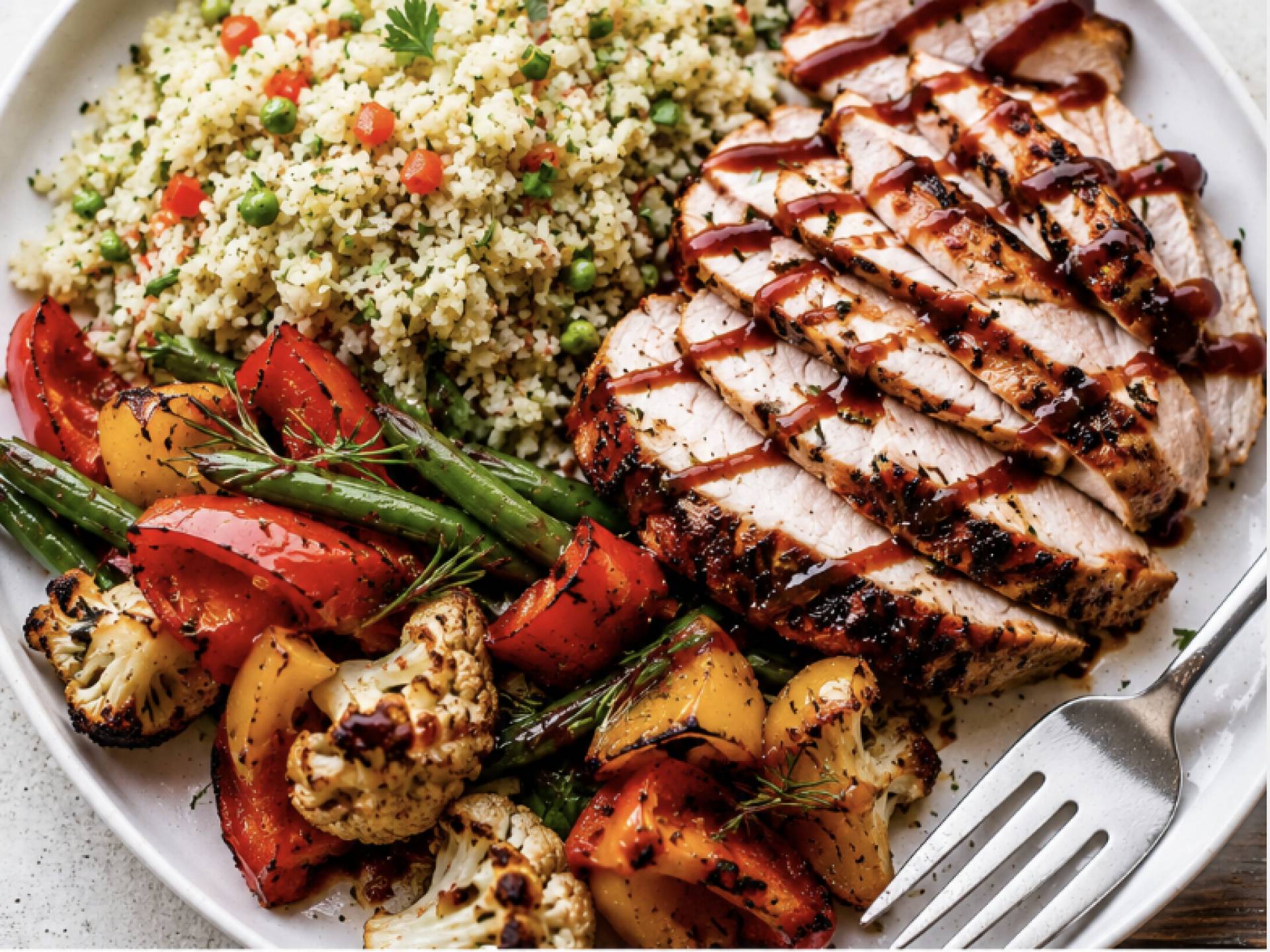 Low Carb Hickory Rubbed BBQ Pork Tenderloin with Rosemary Vegetables and Cauliflower Rice Pilaf