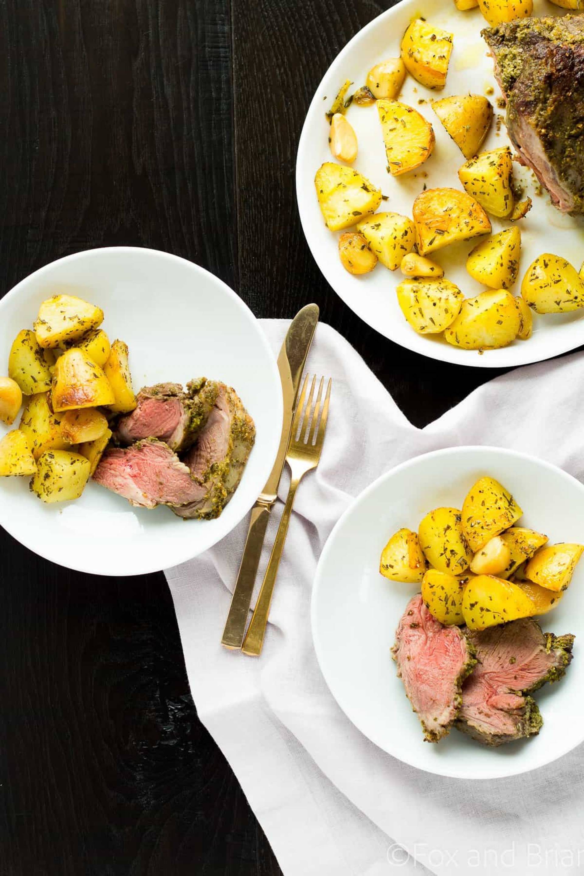 Herb Rolled Lamb with Lemony Potatoes and Roasted Cauliflower and Veggie Medley