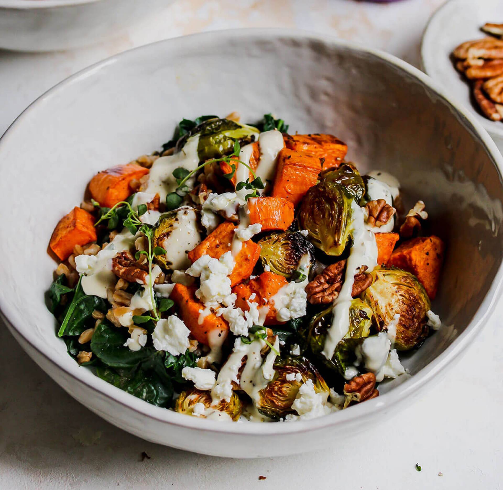 Fall Harvest Chicken Thigh Bowl with Thyme Sauce and Goat Cheese