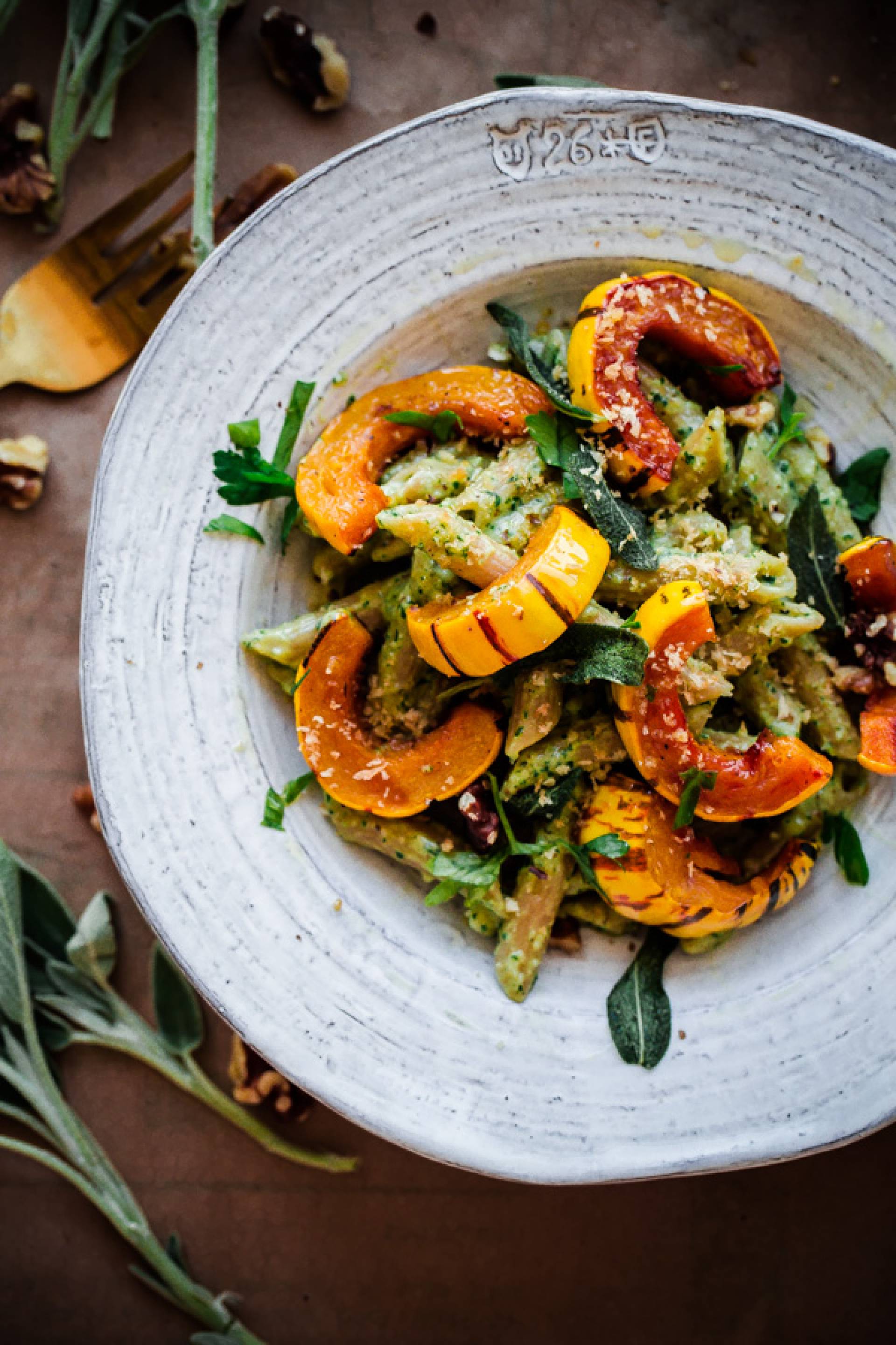 Grilled Flank Steak with Walnut Sage Pesto Pasta and Delicata Squash