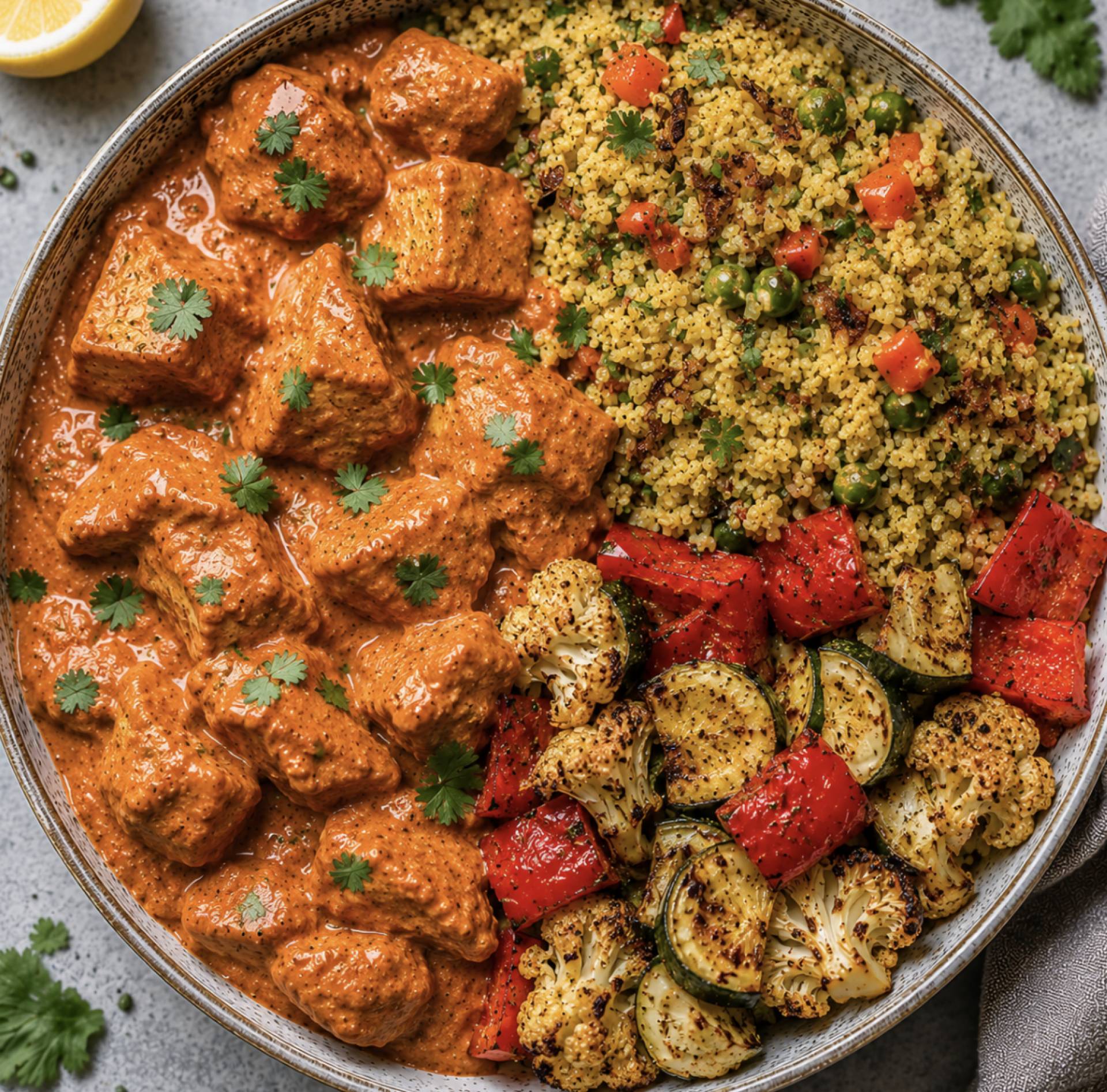 Low Carb Indian Butter Chicken & Riced Cauliflower Biryani with Curried Vegetables