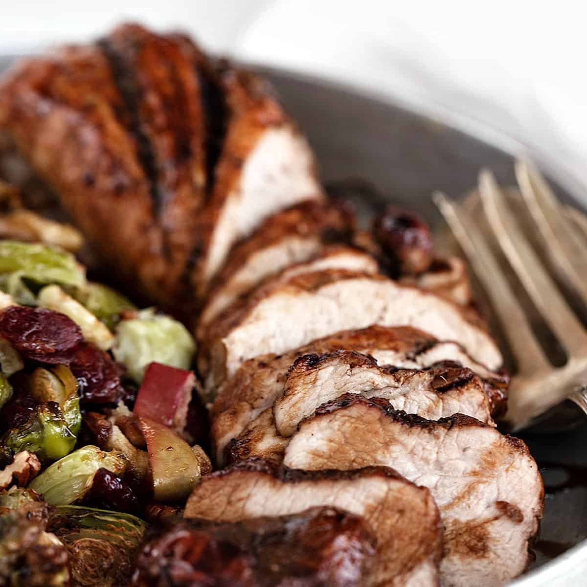 Maple Bourbon Pork Tenderloin with Roasted Cranberry Brussels Sprouts and Smashed Potatoes