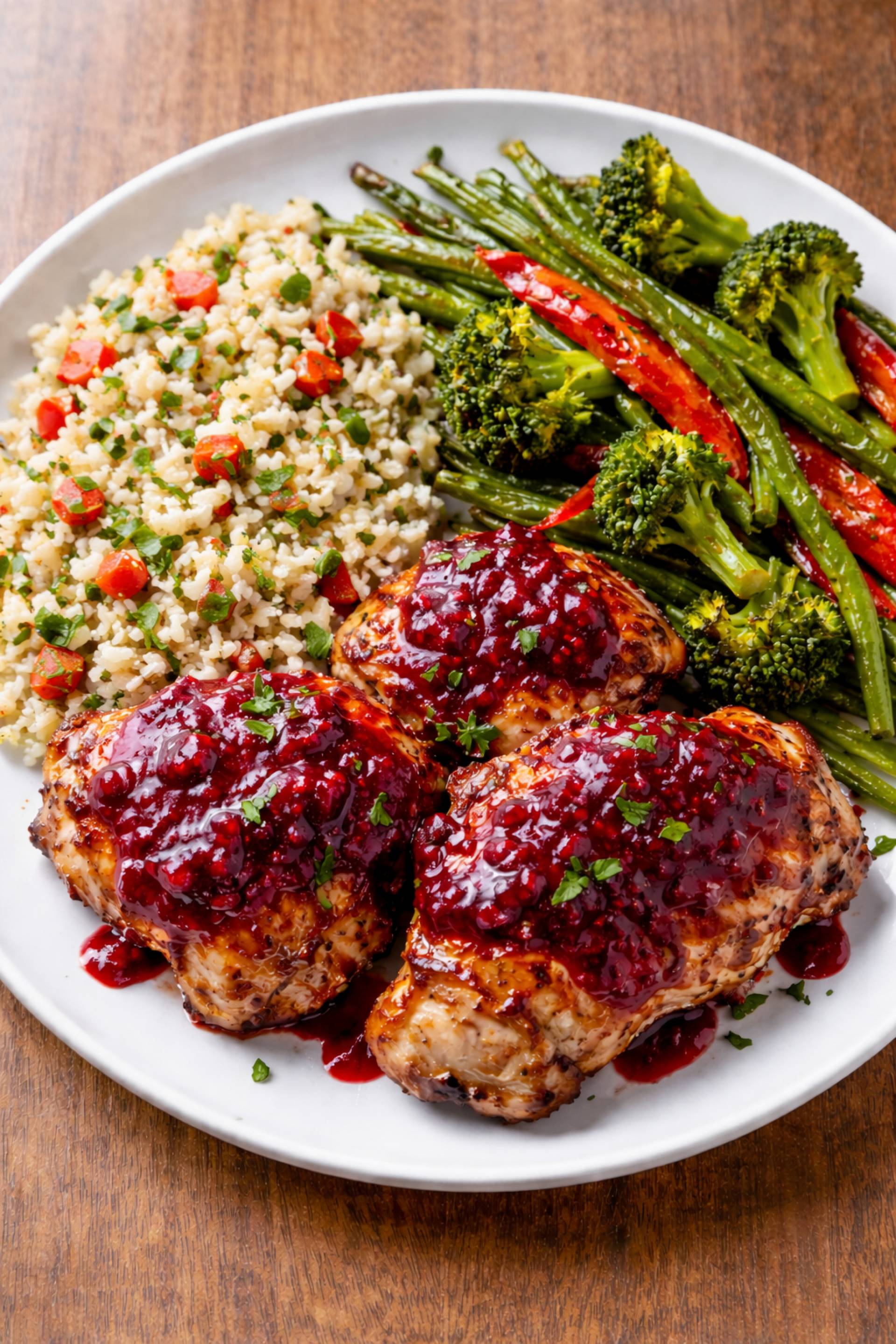 Low Carb Chipotle Raspberry BBQ Grilled Chicken with Califlower Rice Pilaf