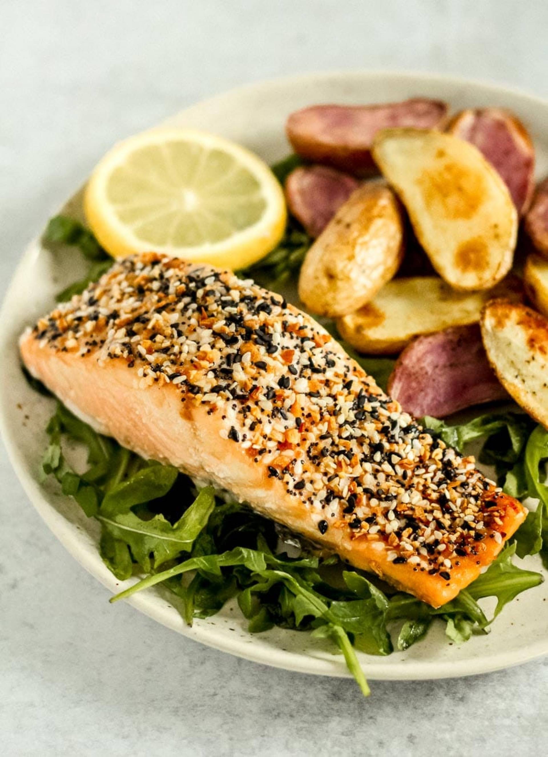 Everything Bagel Crusted Salmon with Roasted Potatoes and Cauliflower Asparagus Medley