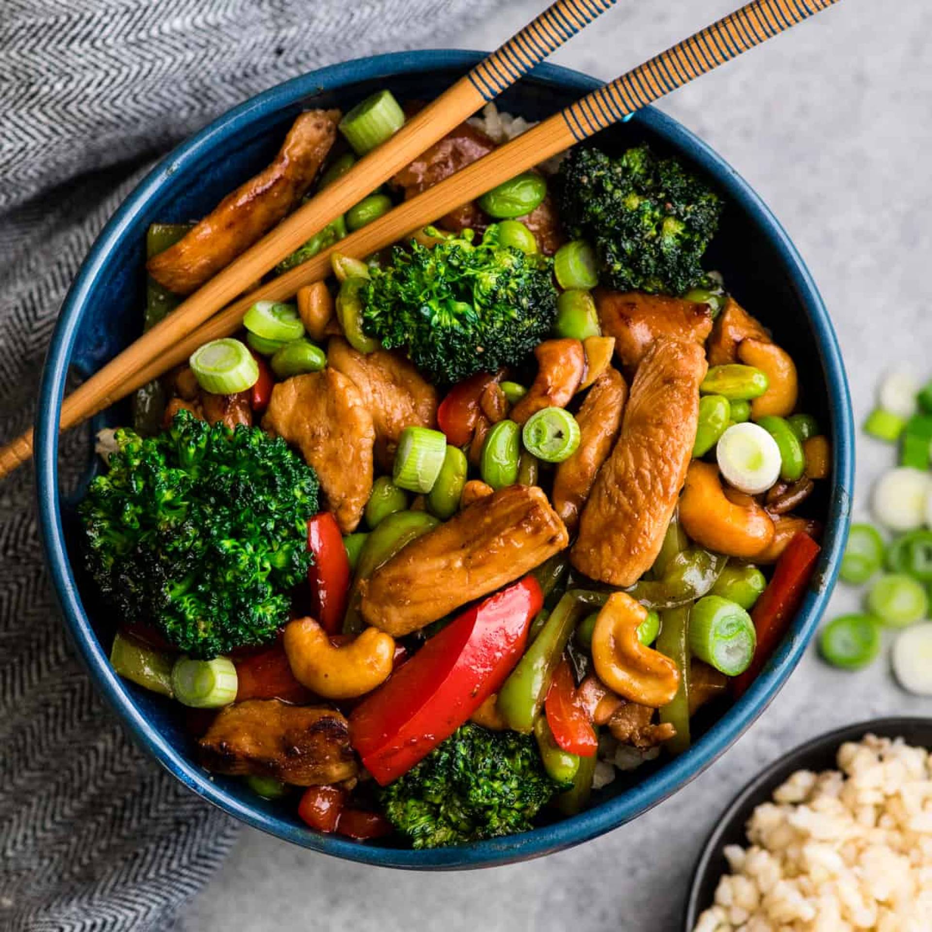 Healthy Cashew Chicken with Stir Fry Veggies and Jasmine Rice