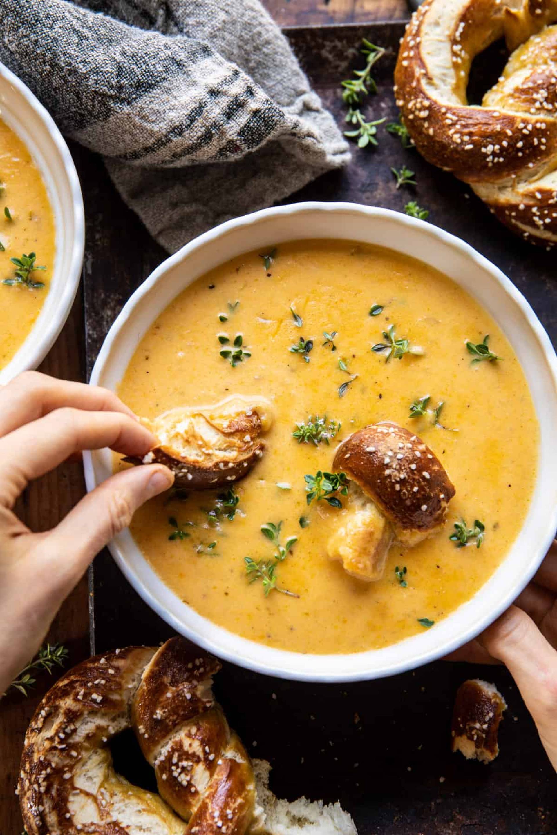 Butternut Beer Cheese Soup with Mini Pretzel