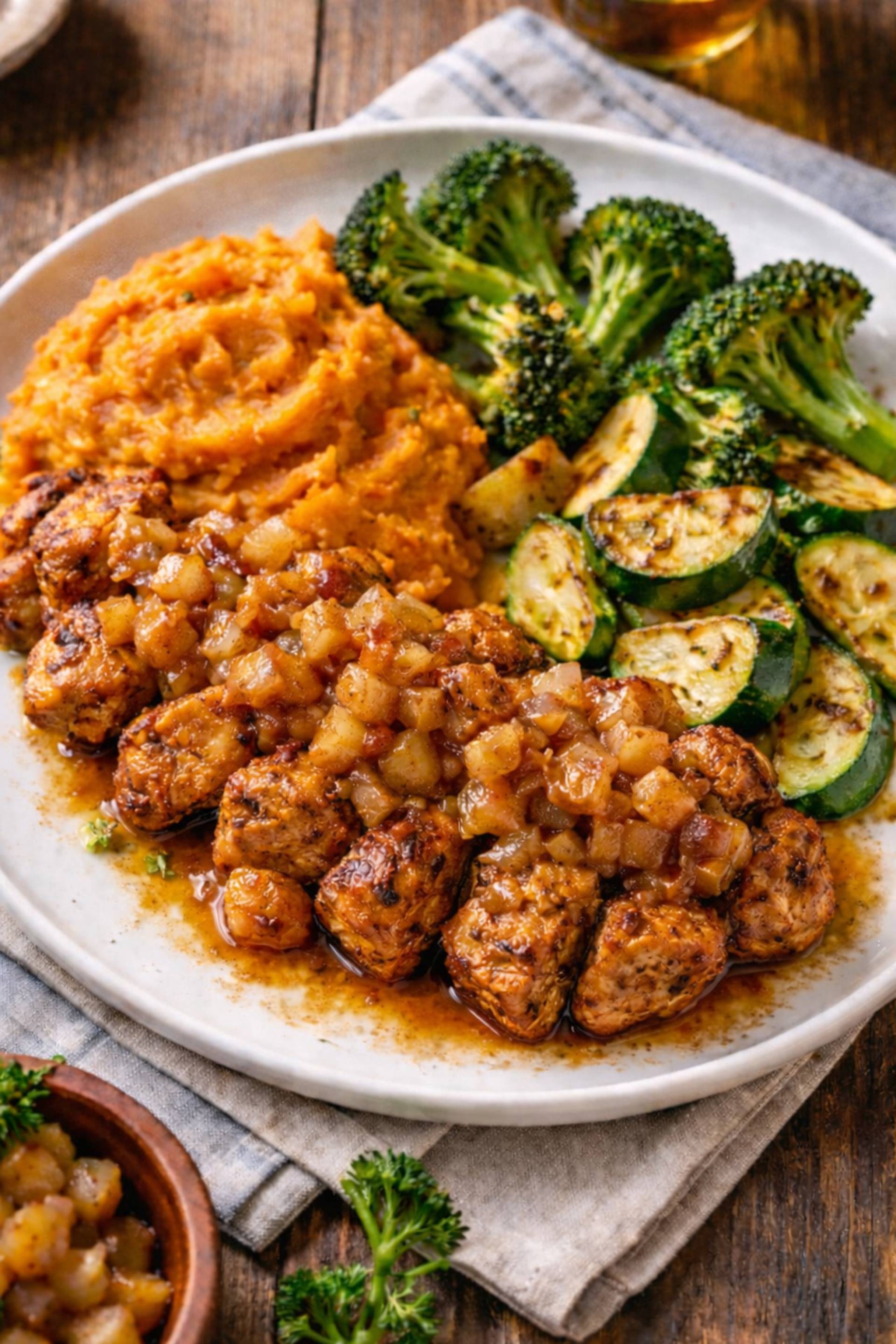 Vegan Seared Daring Chik'n with Cinnamon Apple Compote and Whipped Sweet Potatoes