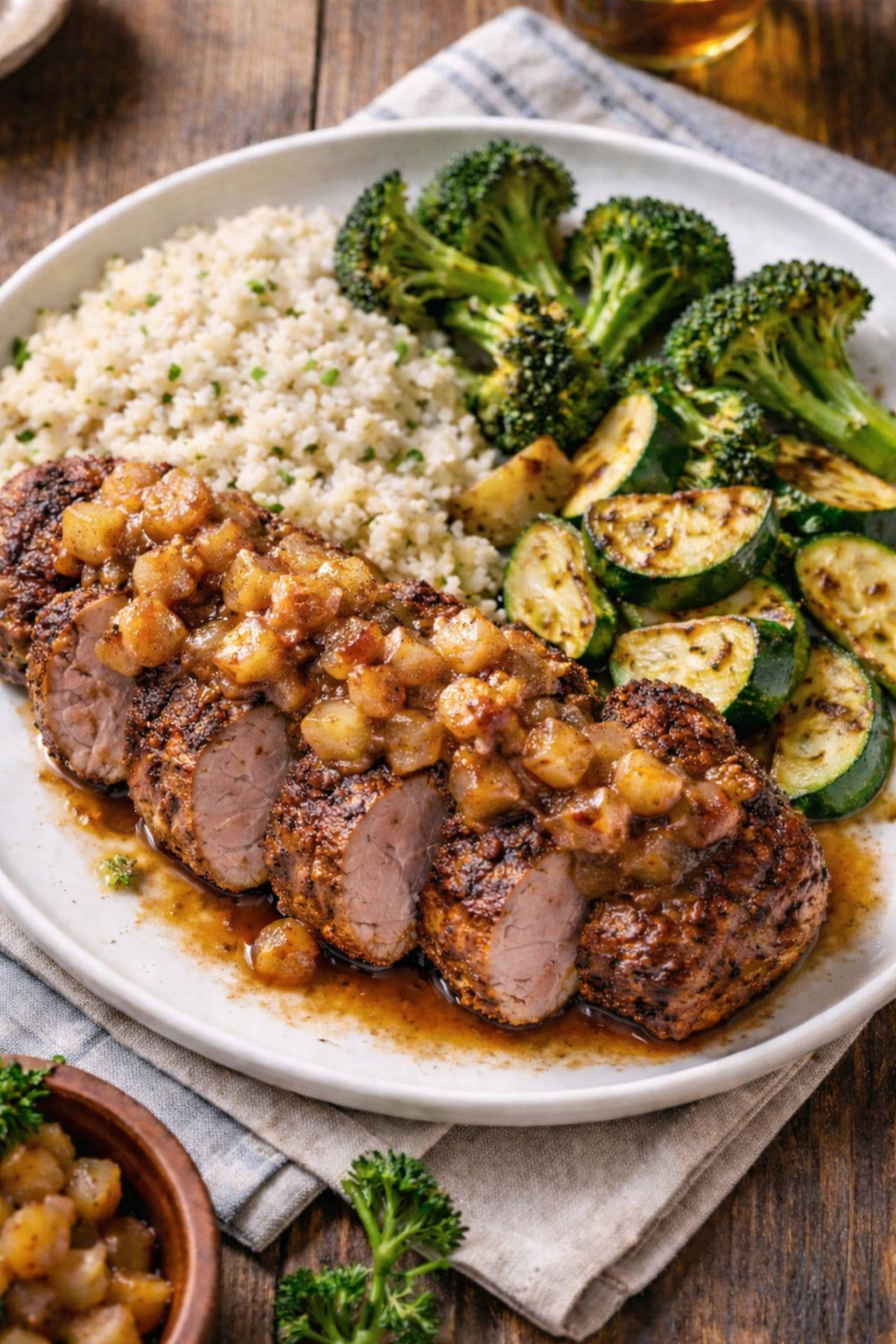Low Carb Seared Pork Tenderloin with Cinnamon Apple Compote and Cauliflower Rice Pilaf