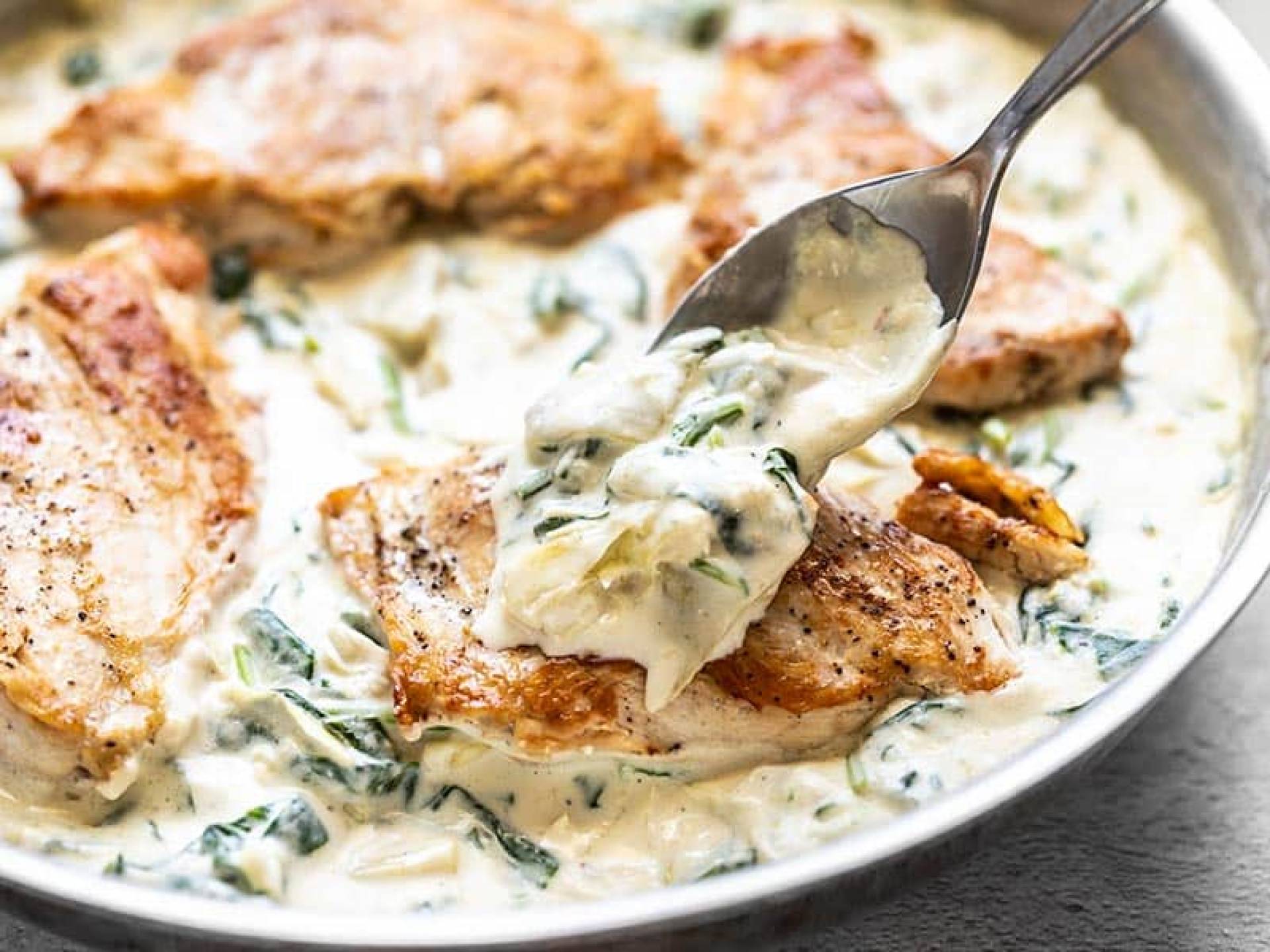 Creamy Spinach Artichoke Chicken with Rice Pilaf and Green Beans