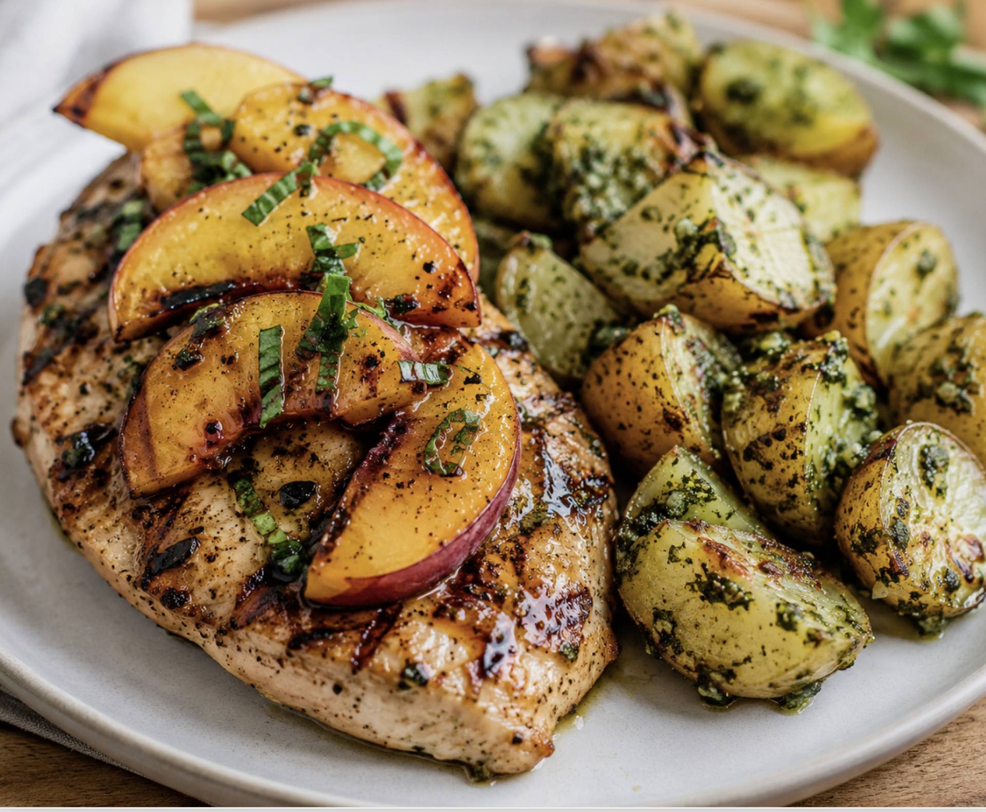 Balsamic Peach Grilled Chicken, Roasted Zucchini & Pesto Potato