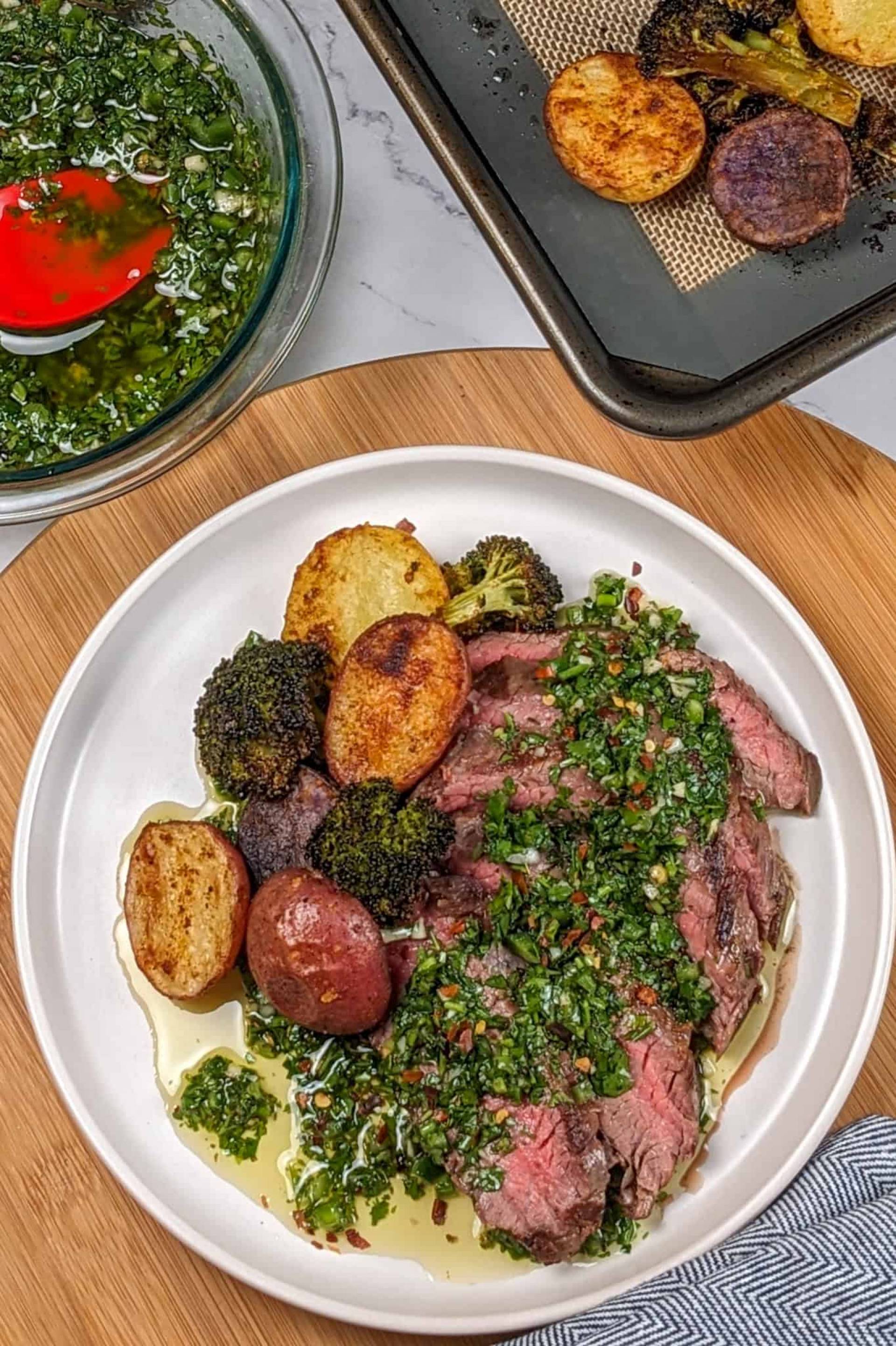 Chimichurri Grilled Flank Steak with Roasted Baby Potatoes and Broccoli