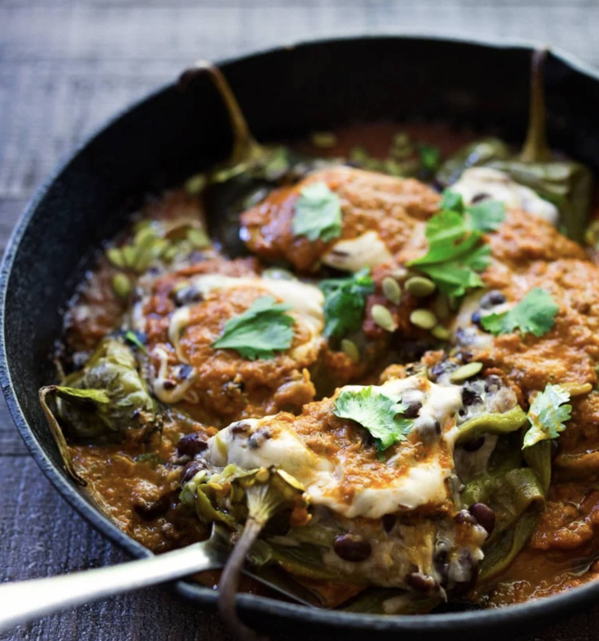 Baked Lentil Chile Rellenos with Healthy Ranchero Sauce