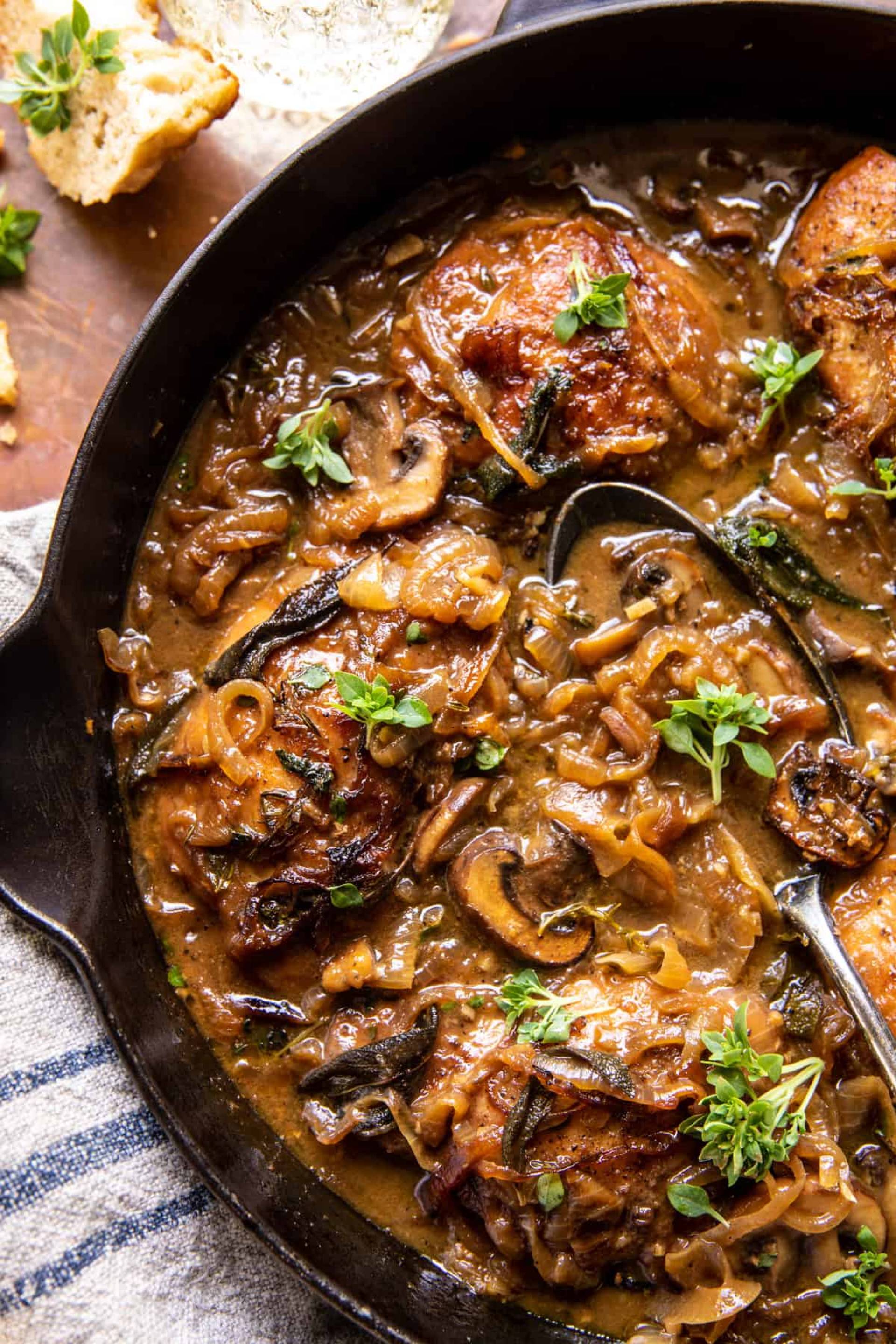 Cider Braised Chicken Thighs with Caramelized Onions and Rice Pilaf