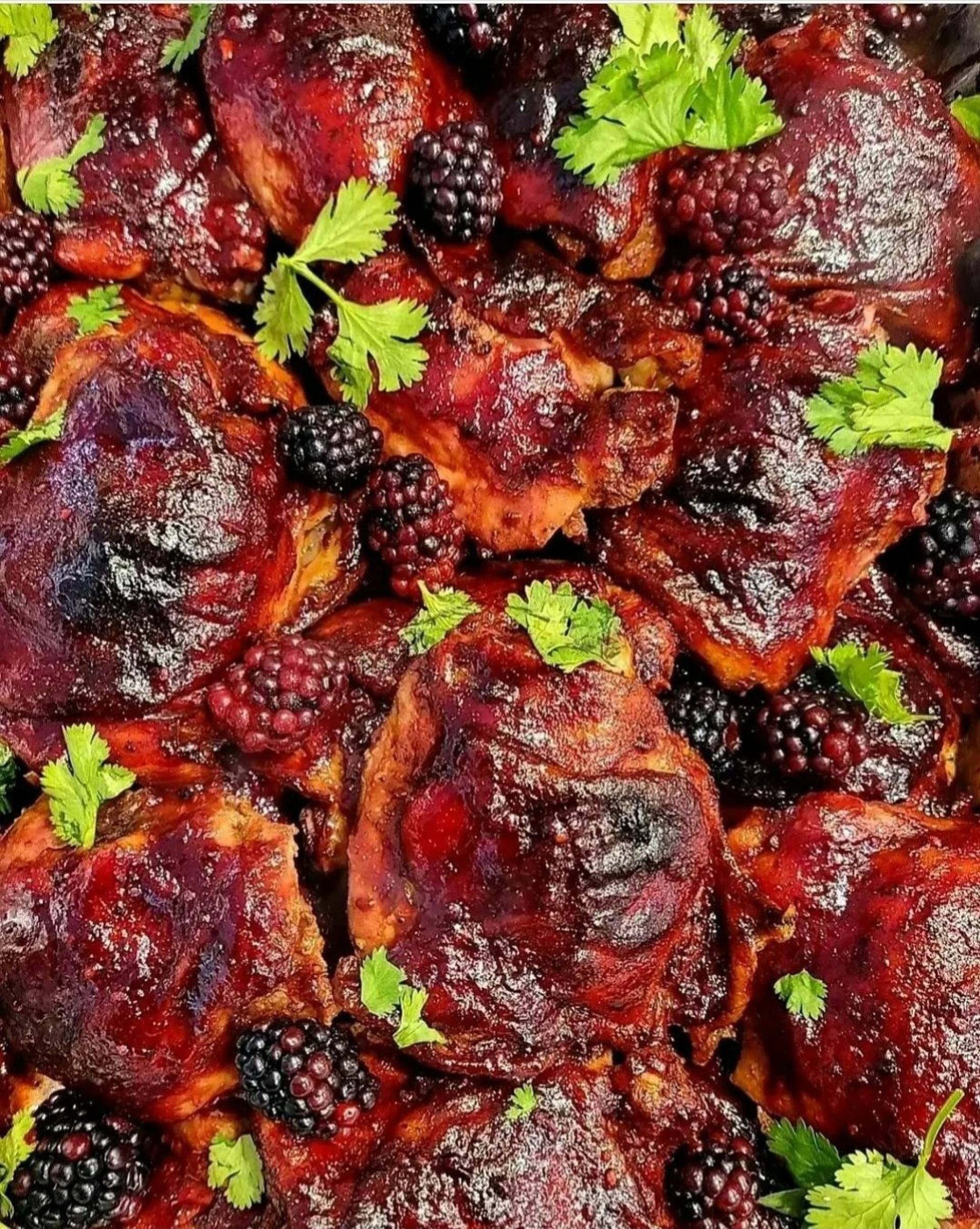 Blackberry BBQ Chicken Thighs with Paprika Roasted Potatoes and Veggie Medley