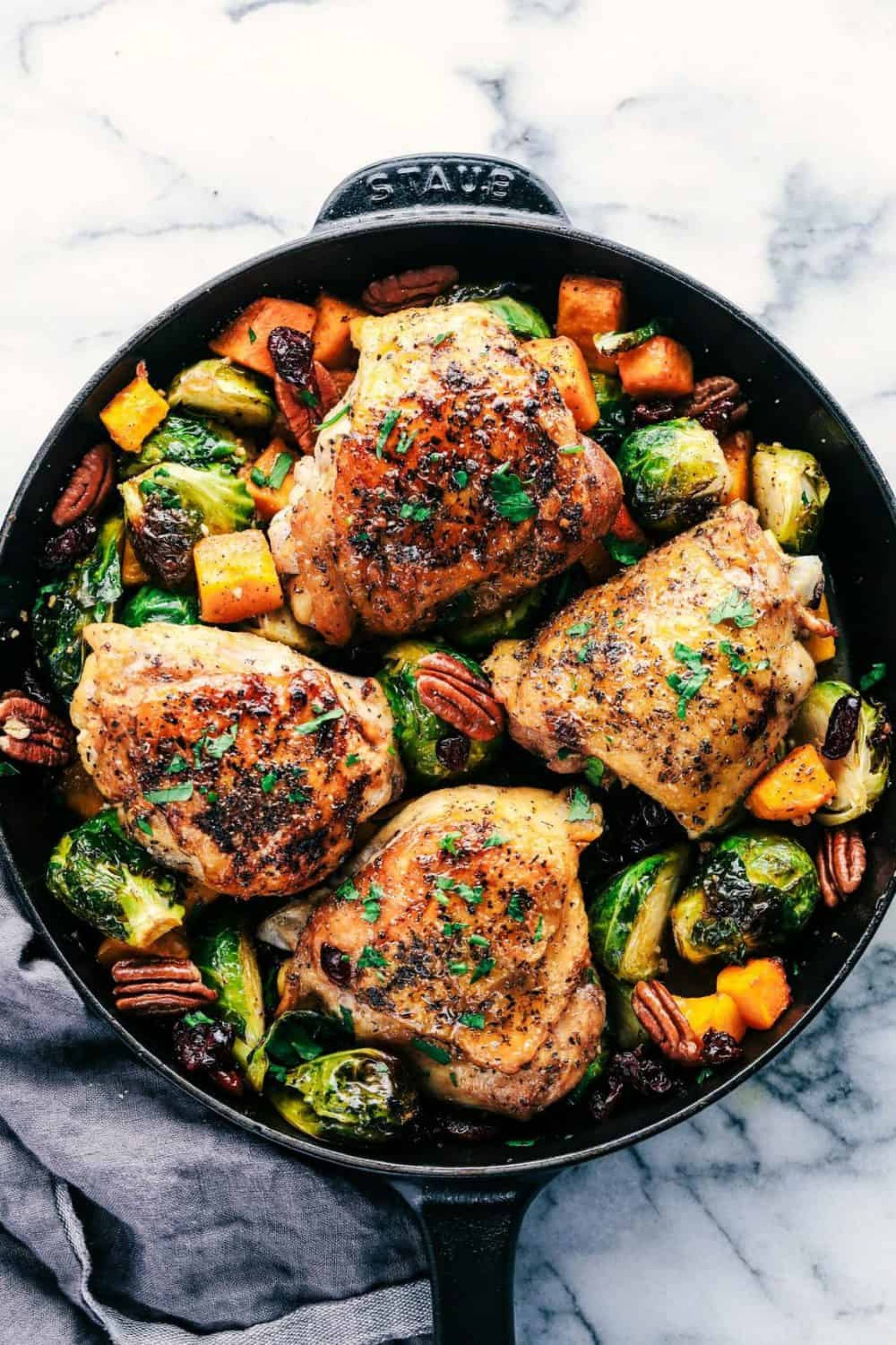 Apple Butter Chicken Thigh with Roasted Brussels and Pecan