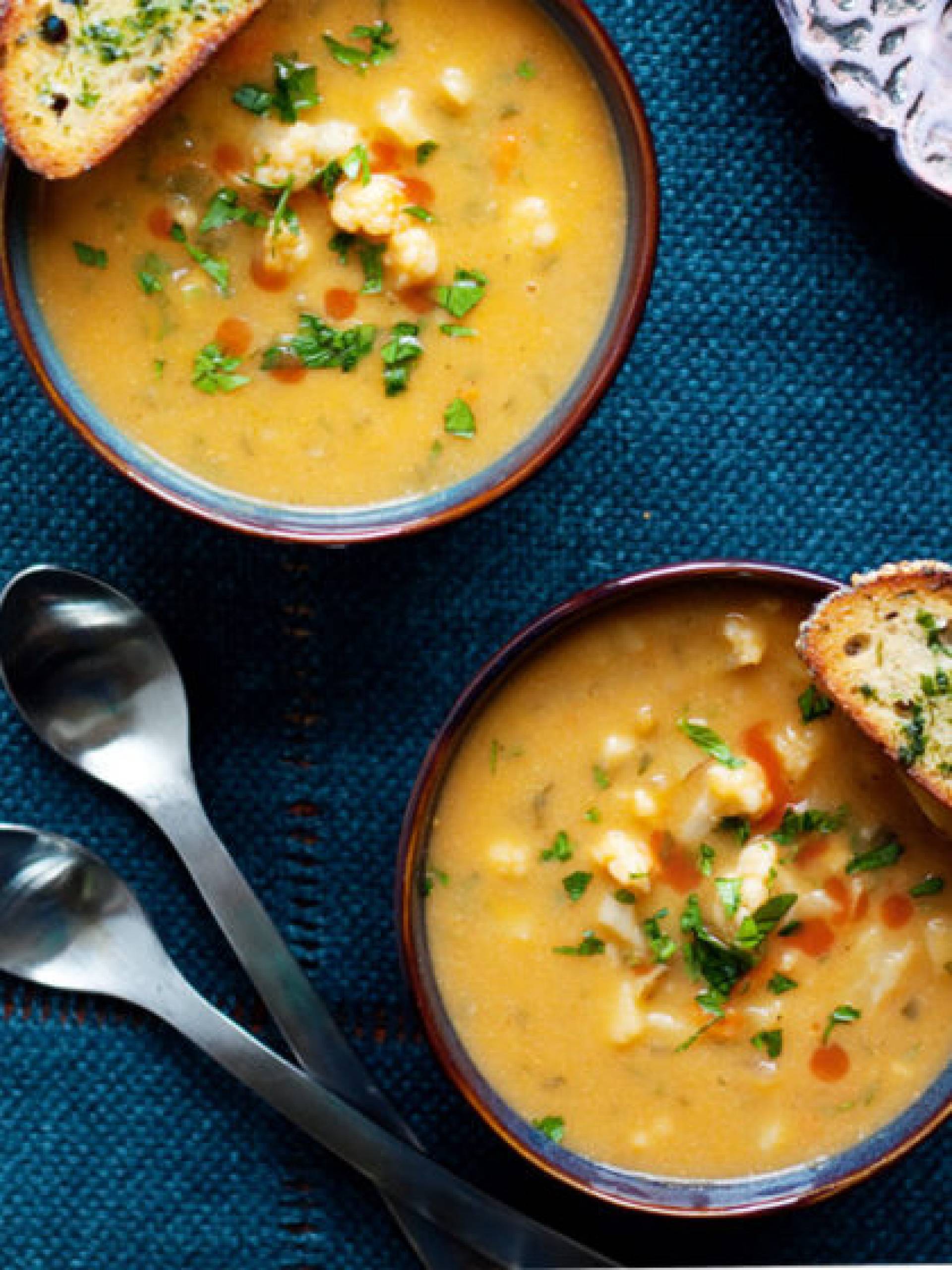 Vegan Buffalo and Cauliflower Soup with Crispy Chickpeas