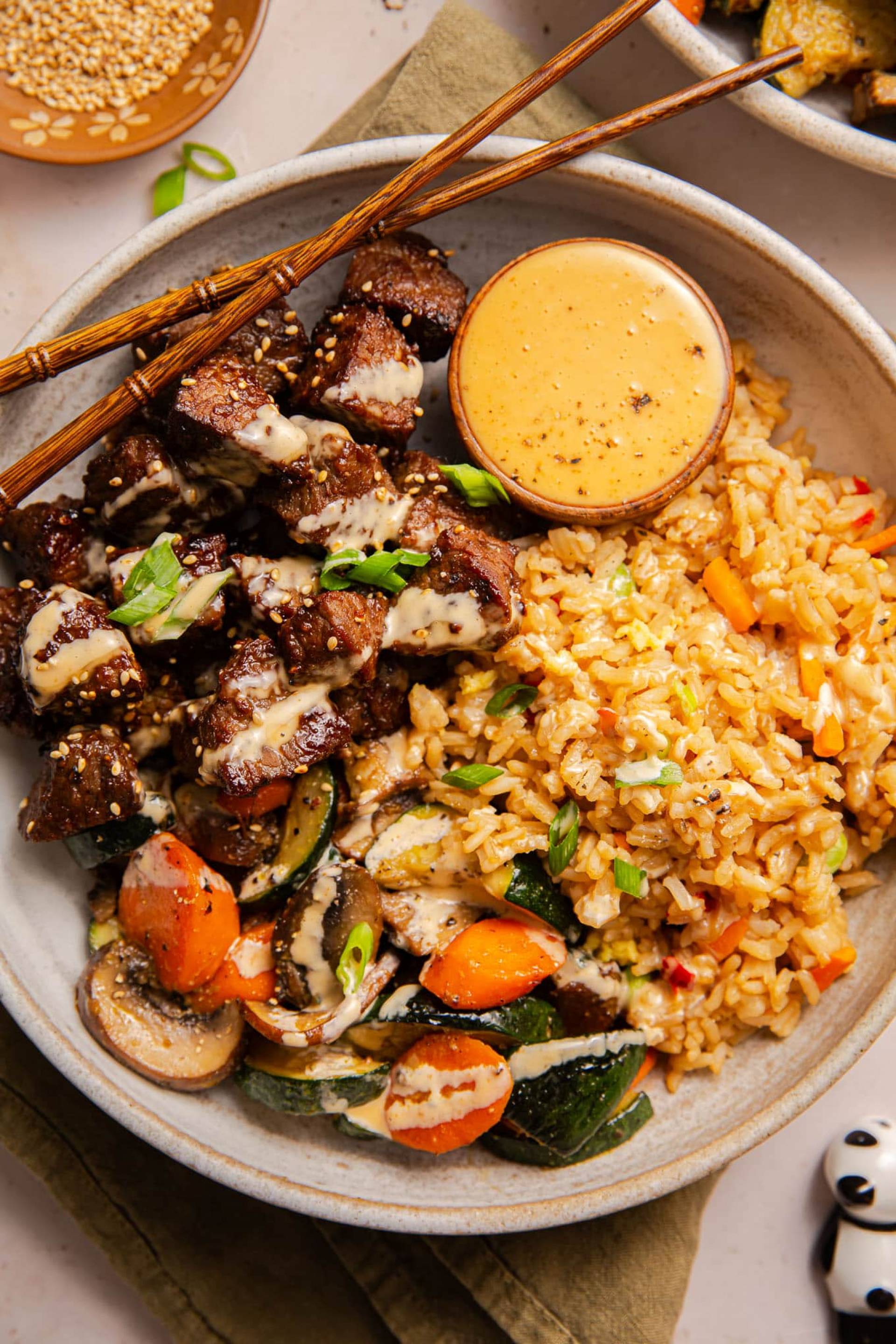 Low Carb Hibachi Steak Bowls with Healthy Yum Yum Sauce