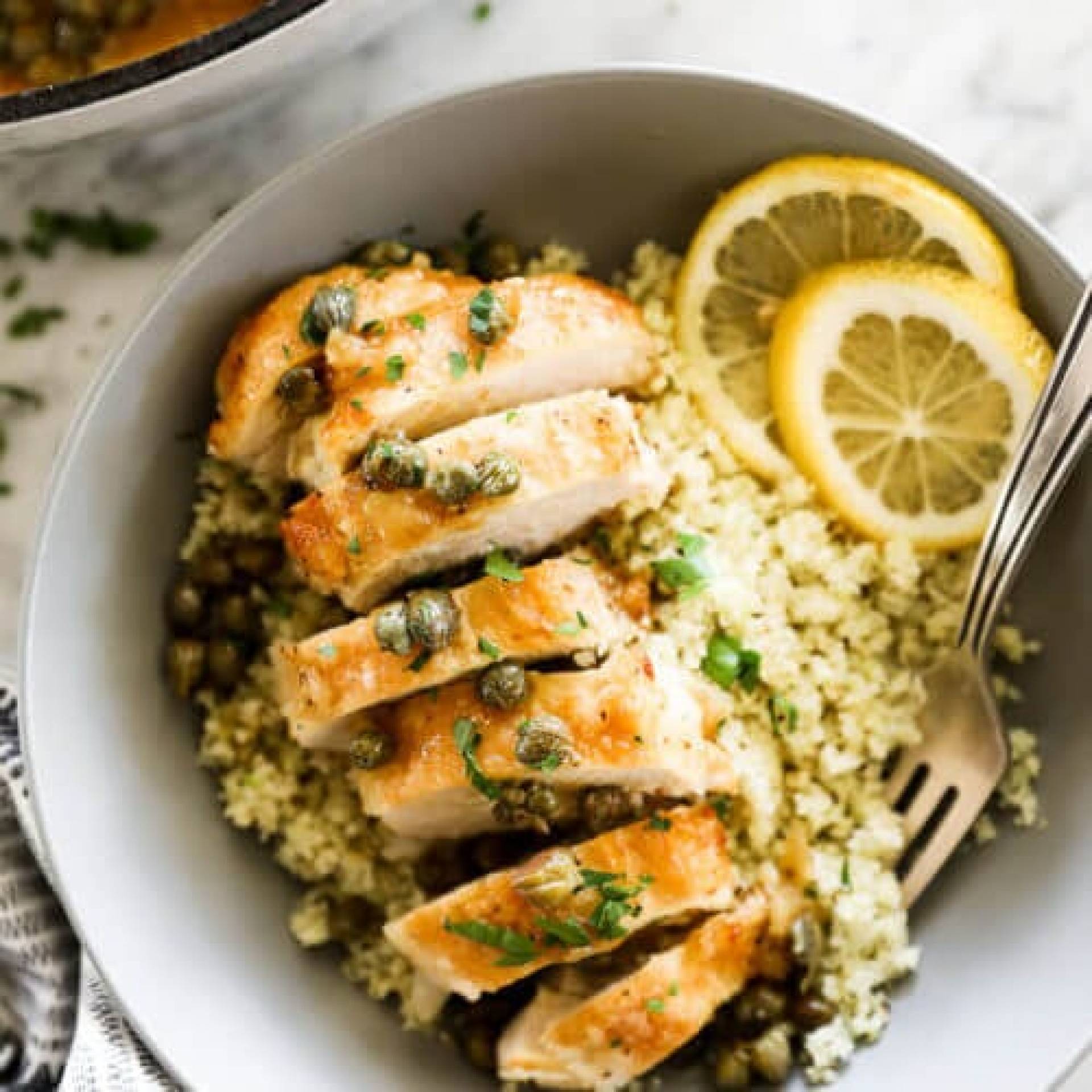 Lemon Caper Chicken with Asparagus and Cauliflower Rice Pilaf