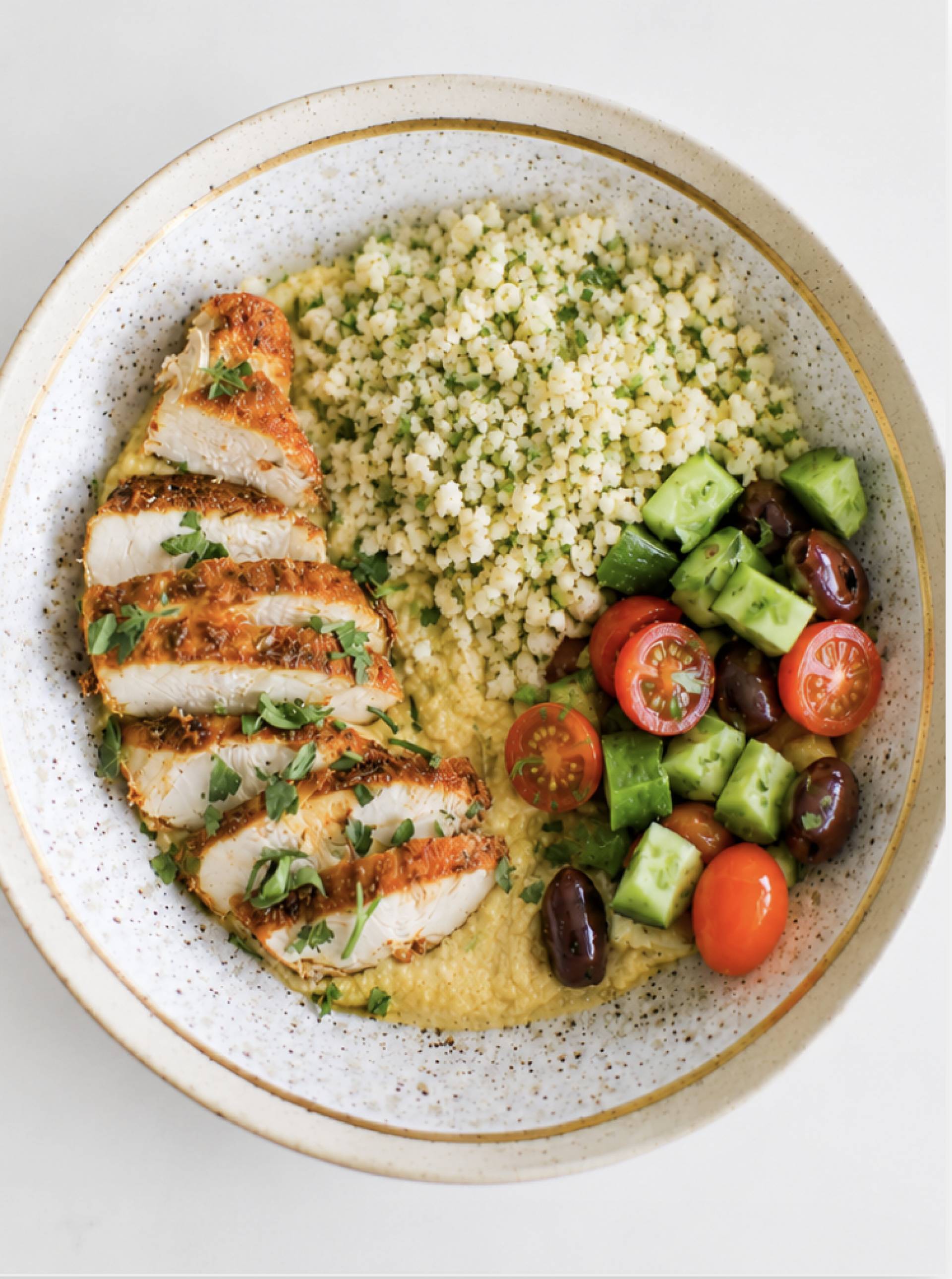 Low Carb Greek Chicken Thighs with Lemony Cauliflower Rice and Cucumber Salad